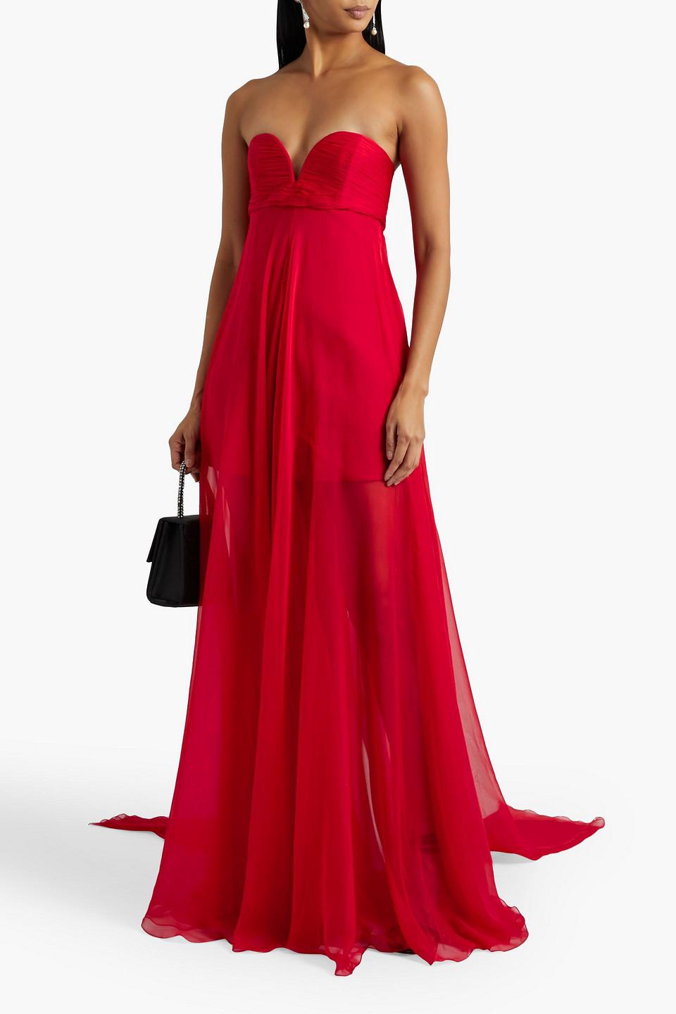 Valentino Strapless Cape-back Pleated Silk-chiffon Gown in Red | Lyst