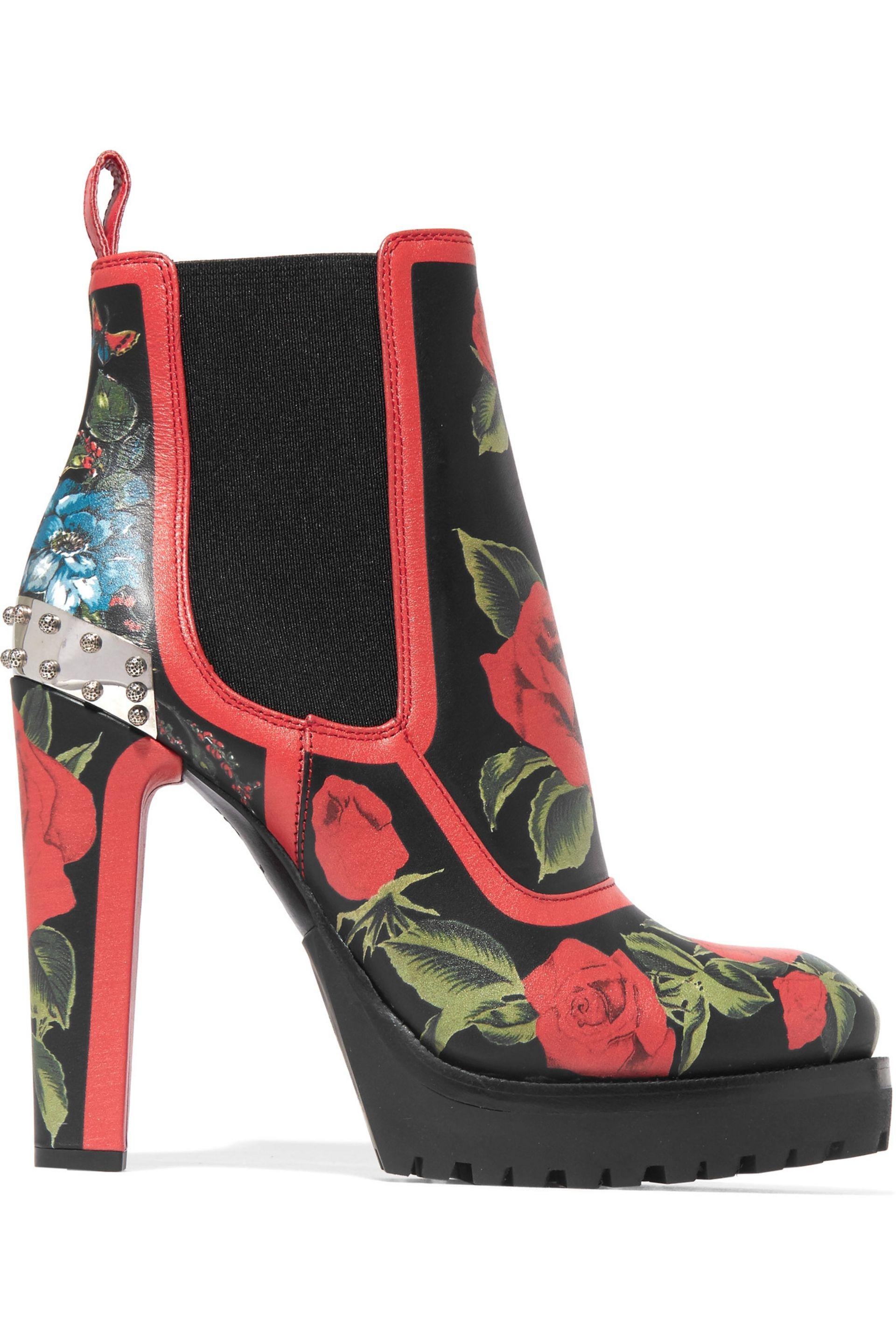 Alexander McQueen Embellished Floral-print Ankle Leather Boots in Red ...