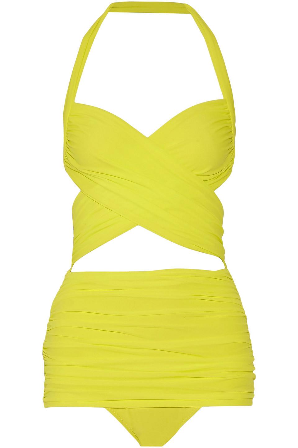 Norma Kamali Synthetic Mio Ruched Halterneck Swimsuit Lime Green - Lyst