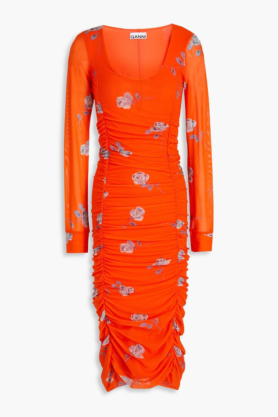 knee length dresses for ladies Ganni Printed Mesh Sleeveless Midi Dress