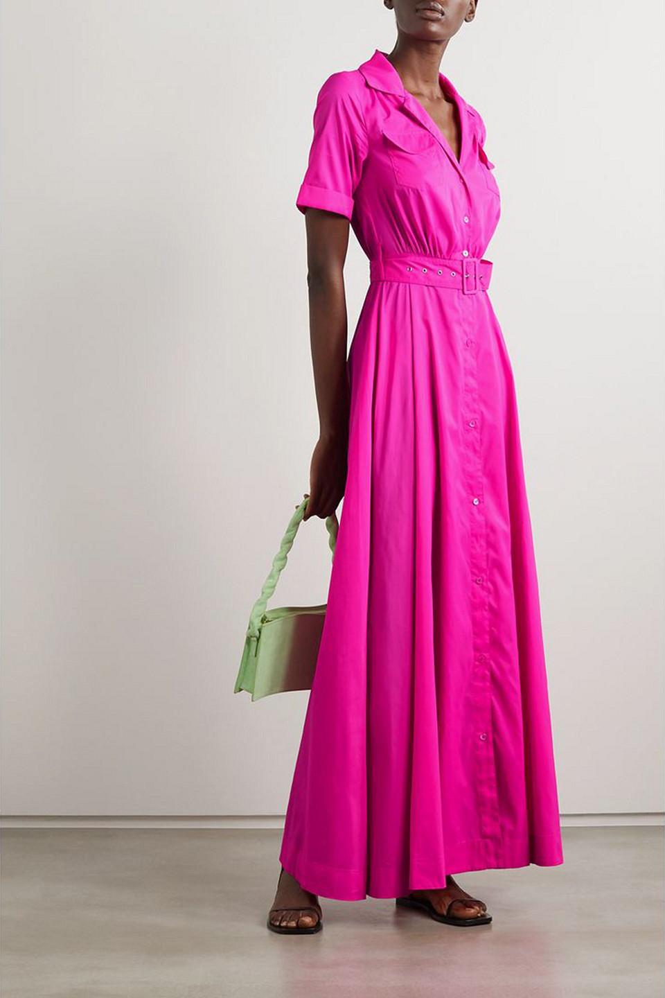 STAUD Millie Belted Taffeta Maxi Shirt Dress in Pink | Lyst UK