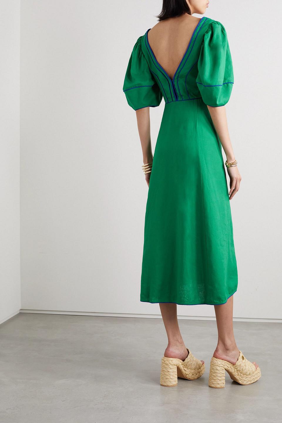 farm rio piped cutout linen blend midi dress FARM Rio Piped Cutout Linen-blend Midi Dress in Green