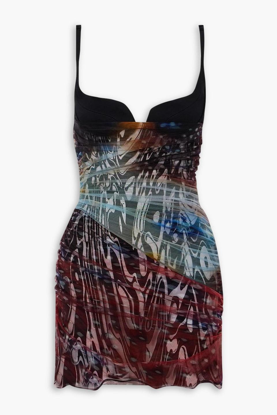 Mugler Printed Draped Jersey-trimmed Tulle Mini Dress in Black | Lyst