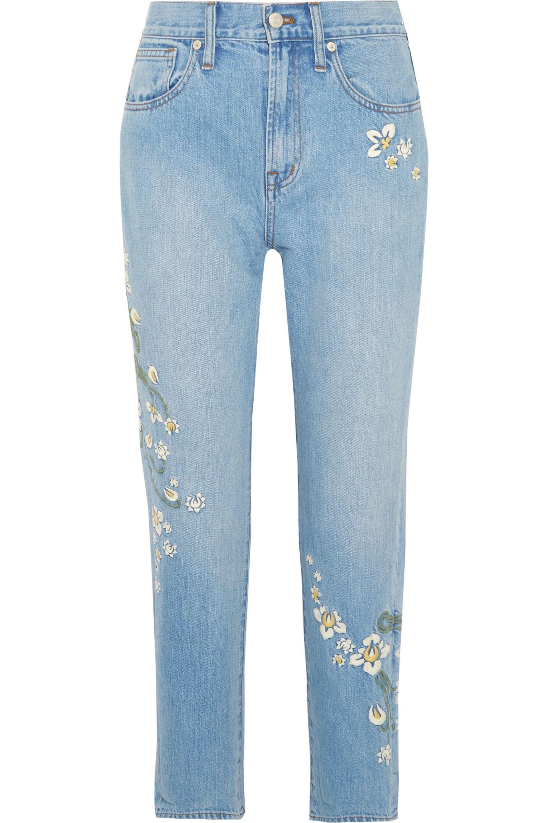 Madewell Denim Embroidered Highrise Straightleg Jeans in Light Denim