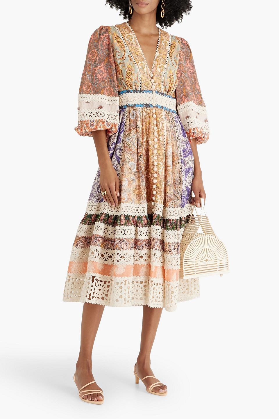 Zimmermann Crochet-trimmed Patchwork Paisley-print Linen Midi Dress in  Orange | Lyst UK