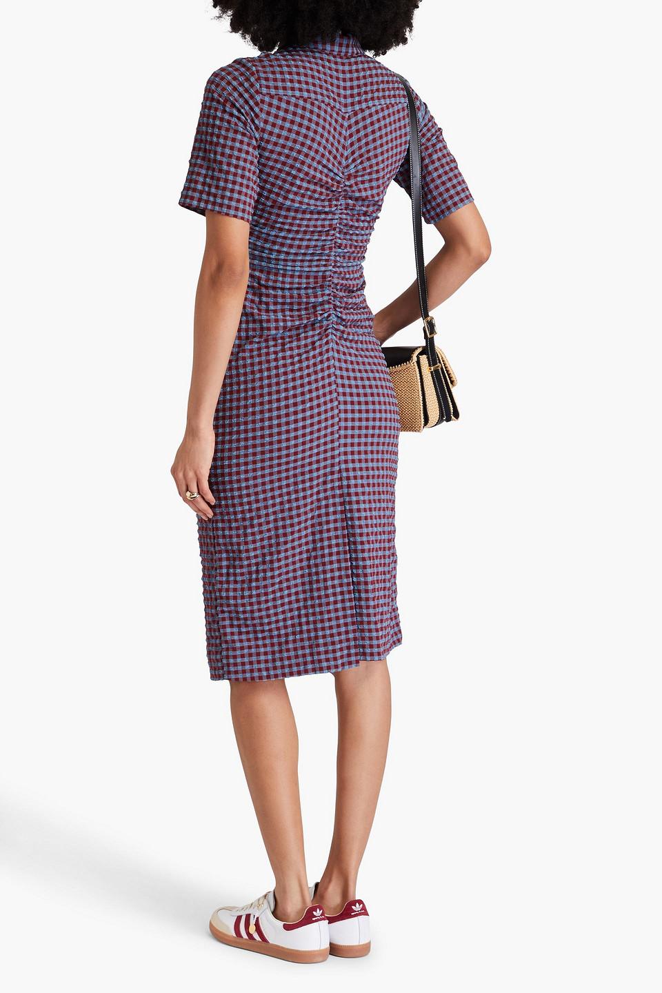 ganni purple seersucker dress GANNI Purple Seersucker Check Midi Dress