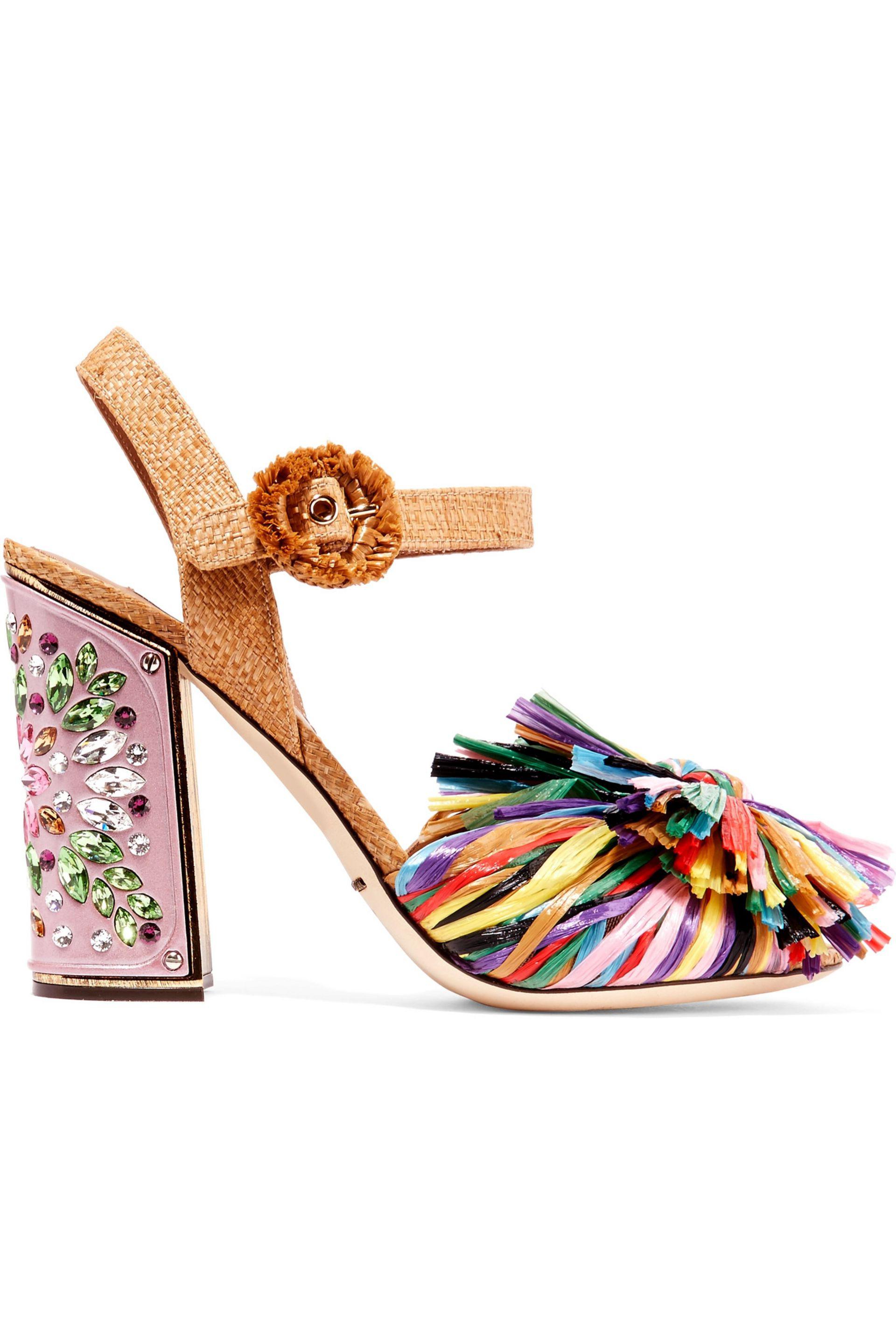 Dolce & Gabbana Denim Crystalembellished Raffia Sandals in Pink Lyst