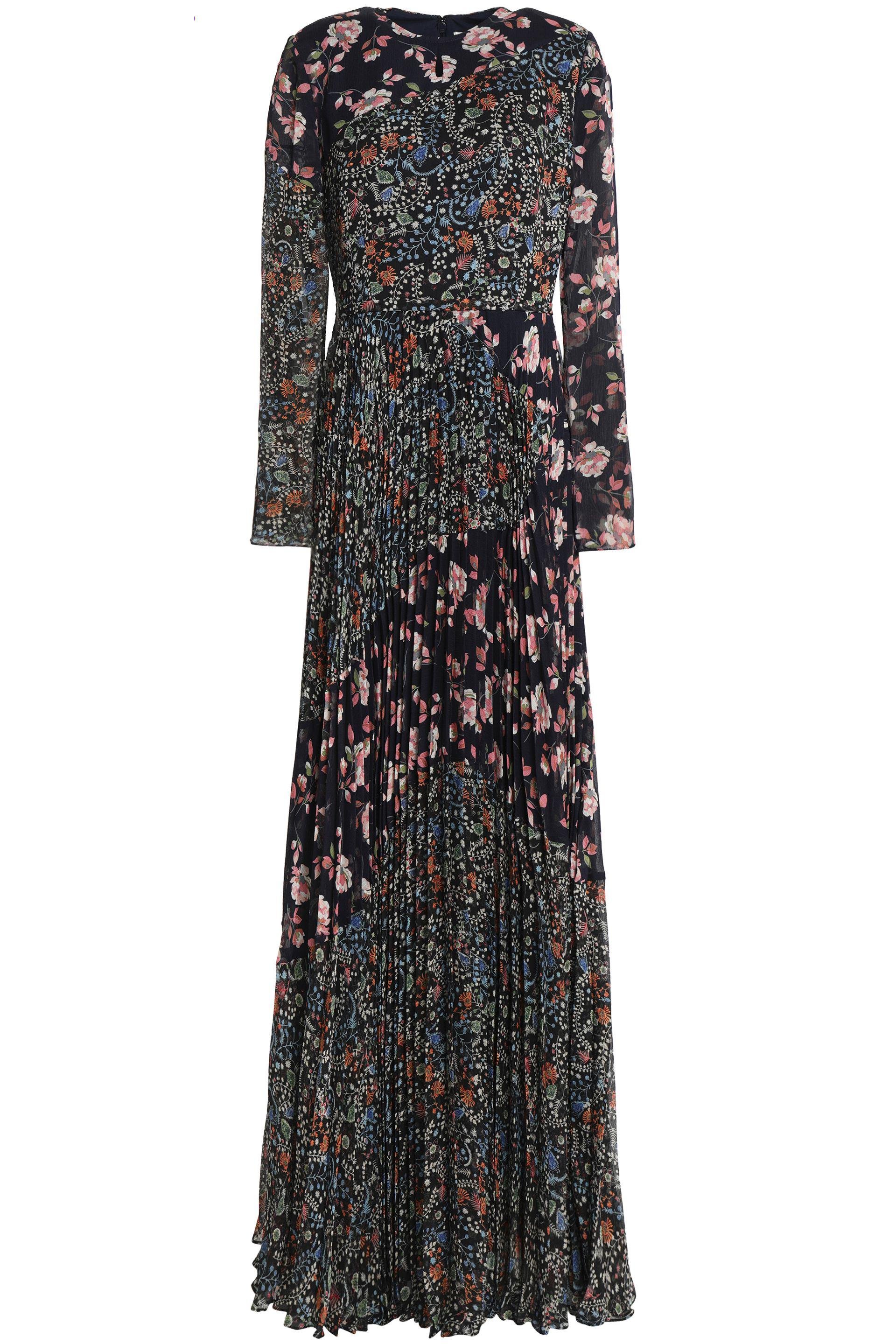 Mikael Aghal Pleated Floral-print Crinkled Georgette Gown Midnight Blue ...