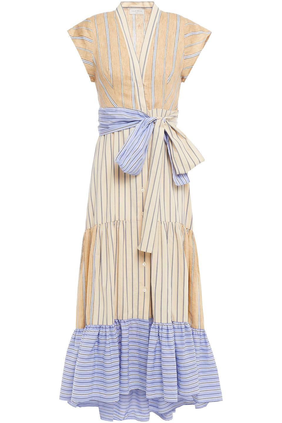 Sandro Rosanda Paneled Striped Linen-blend Midi Dress in Natural | Lyst