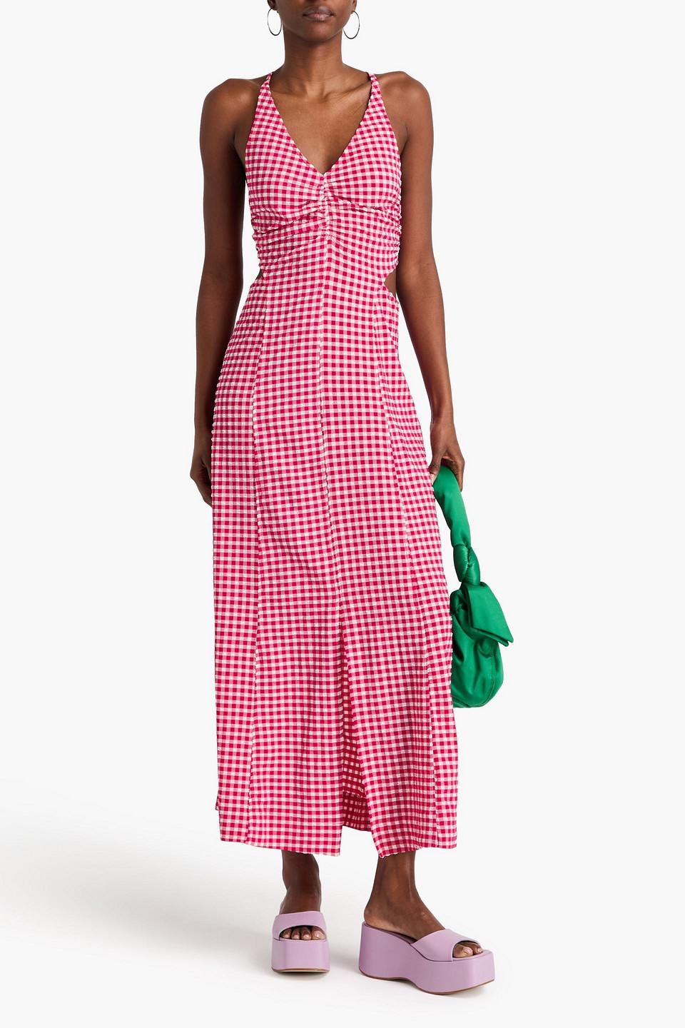 Ganni Ruched Gingham Stretch-seersucker Maxi Dress in Pink