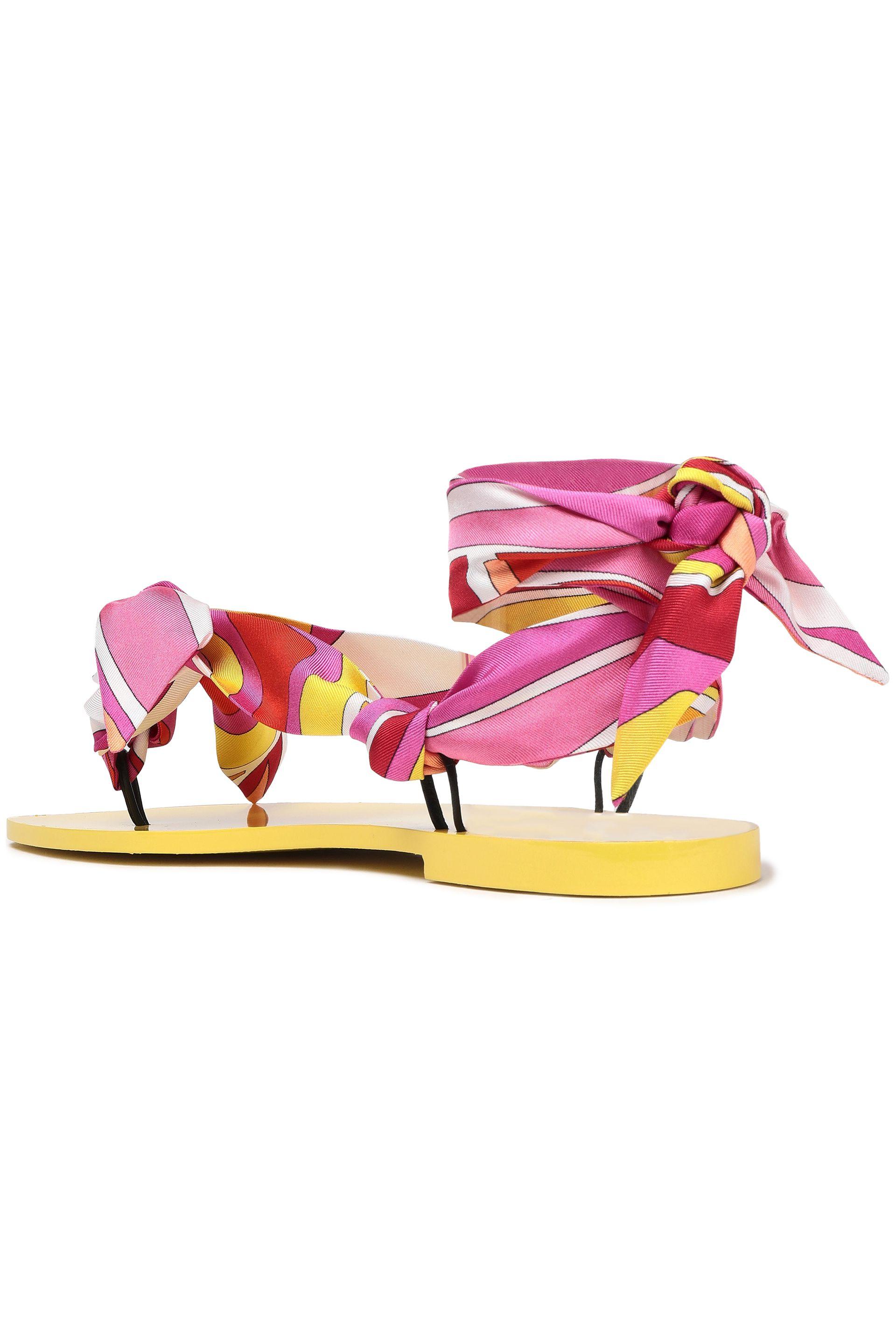 Emilio Pucci Leather Lace-up Printed Twill Flip Flops Yellow in 