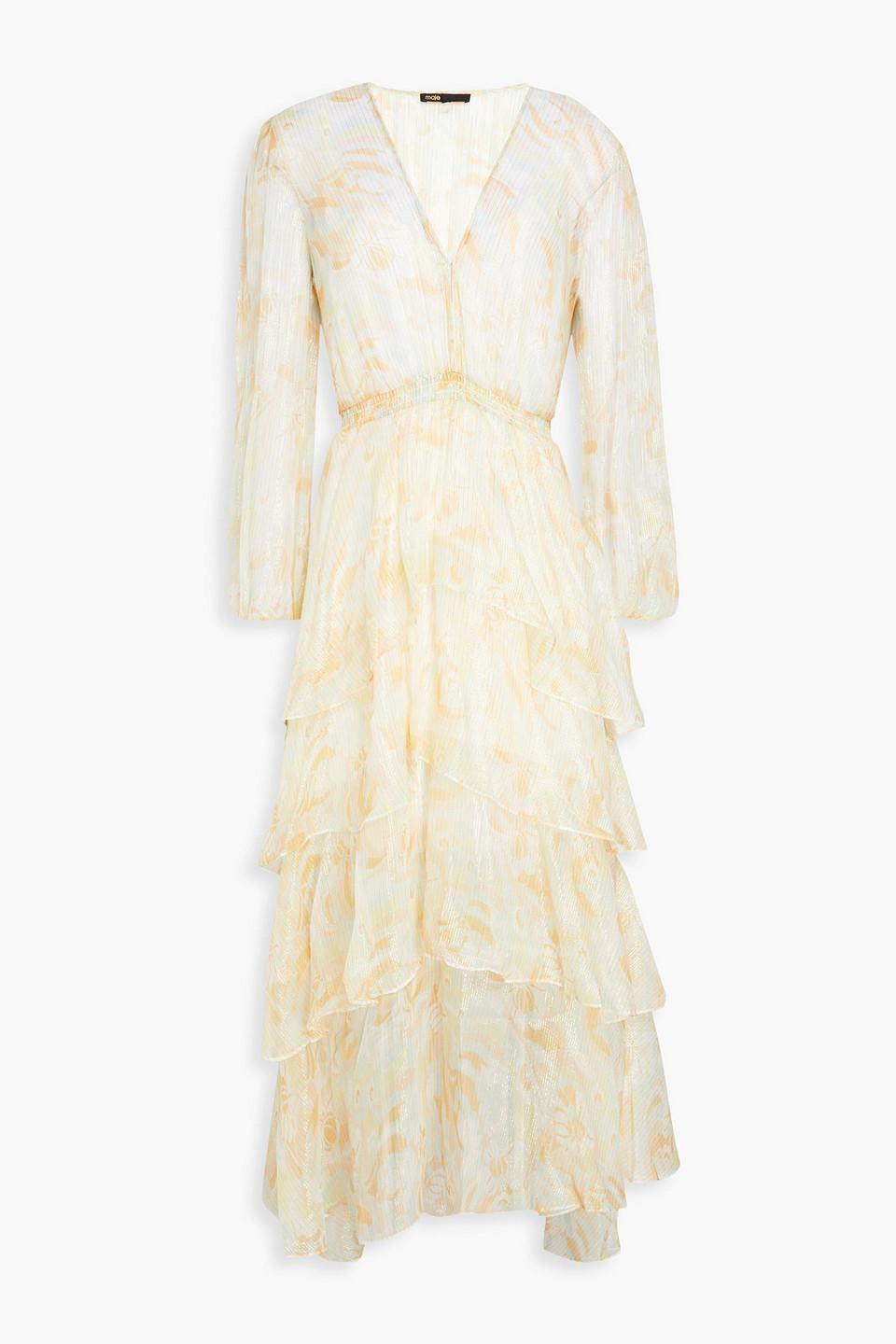 Maje Tiered Printed Silk blend Organza Midi Dress in Natural Lyst UK