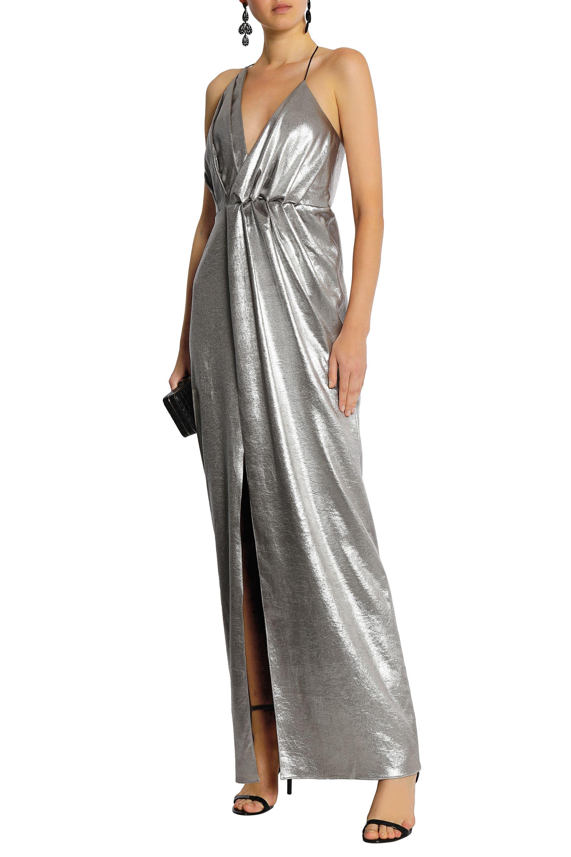 pleated metallic lame gown