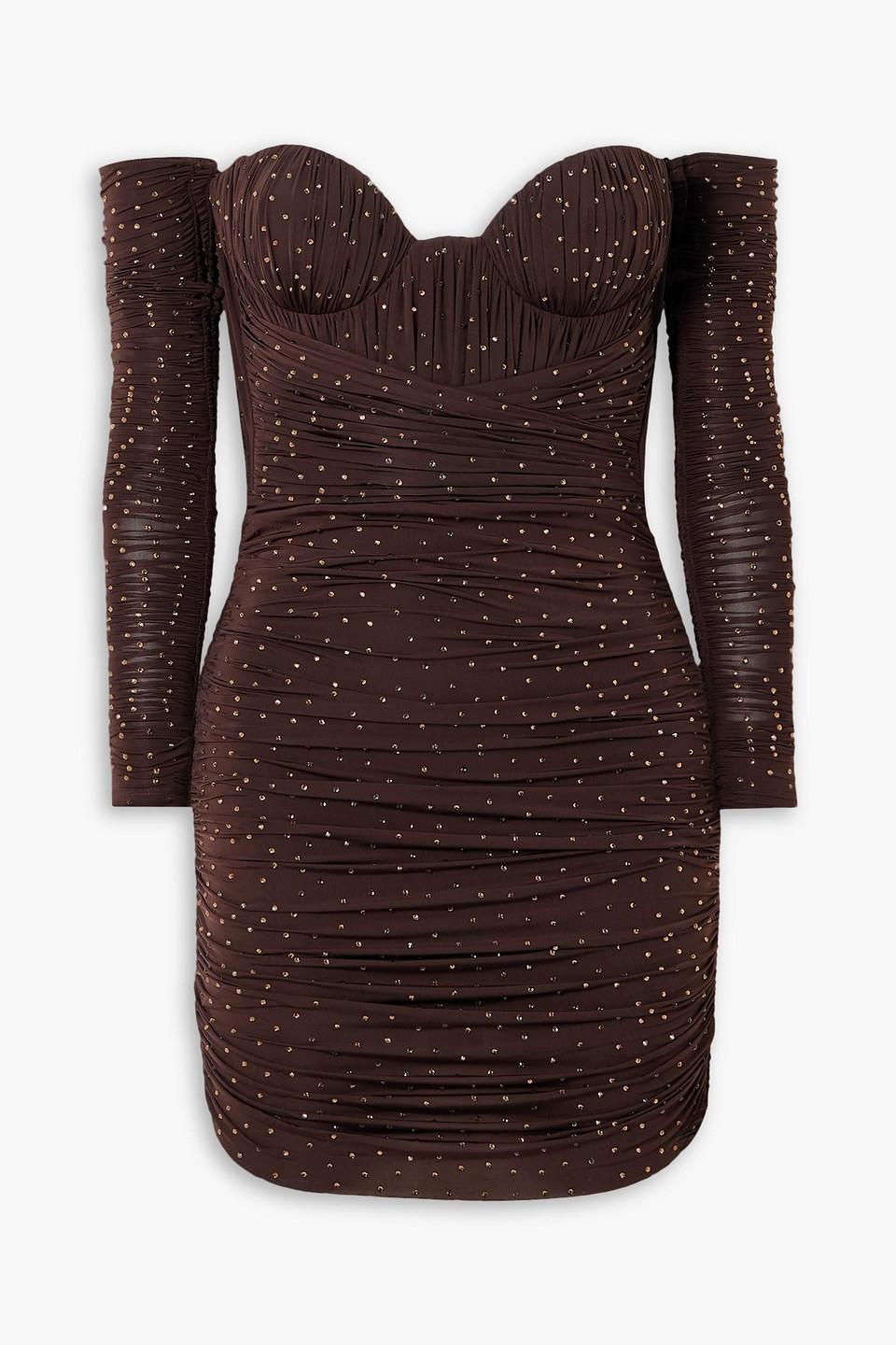 Alex Perry Koda Ruched Crystal-embellished Stretch-jersey Mini Dress And  Gloves Set in Brown | Lyst