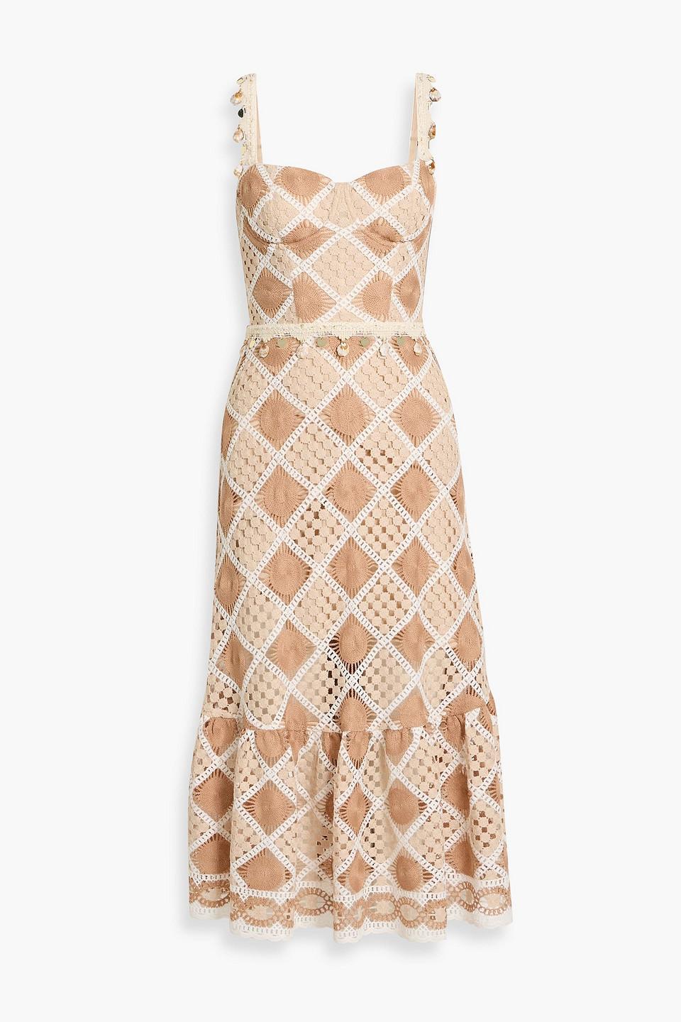 patbo bossa embroidered dress PATBO Bossa Embellished Crocheted Cotton Midi Dress in Natural