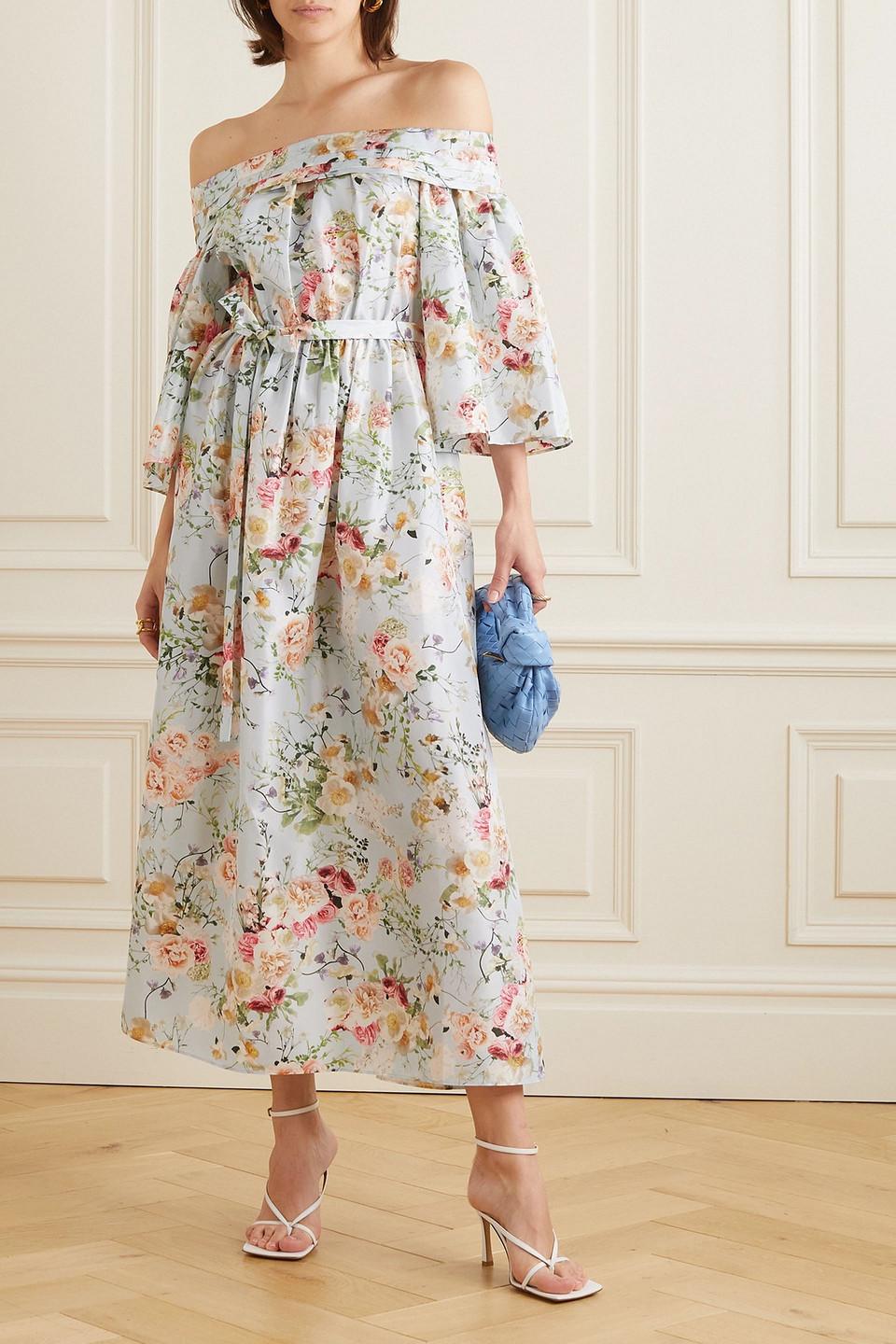Adam Lippes Bardot Off the shoulder Belted Floral print Silk Maxi Dress in White Lyst