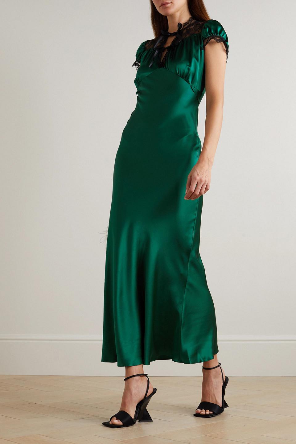 Rodarte Lace-trimmed Silk-satin Dress in Green | Lyst Rodarte Lace-trimmed Silk-satin Dress in Green | Lyst