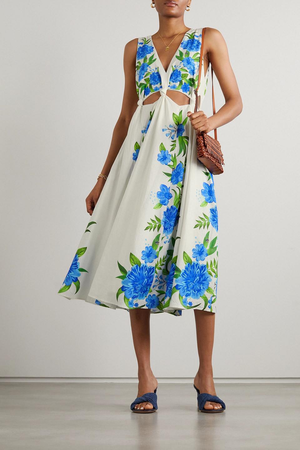 FARM Rio Cutout Floral-print Linen-blend Midi Dress in Blue | Lyst UK