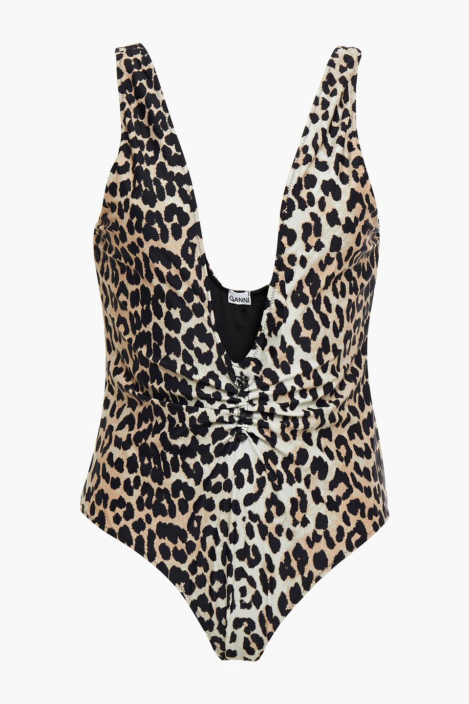 Ganni Synthetic Embellished Ruched Leopard-print Swimsuit in Animal Print  (Black) | Lyst