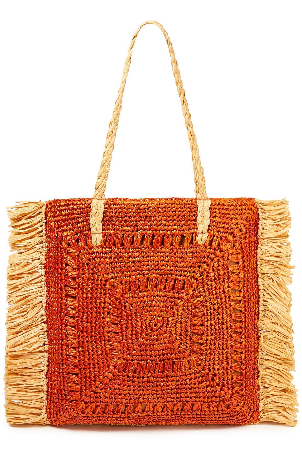 Antik Batik Canvas Biim Fringed Crocheted Raffia Tote in Tan (Orange) - Lyst