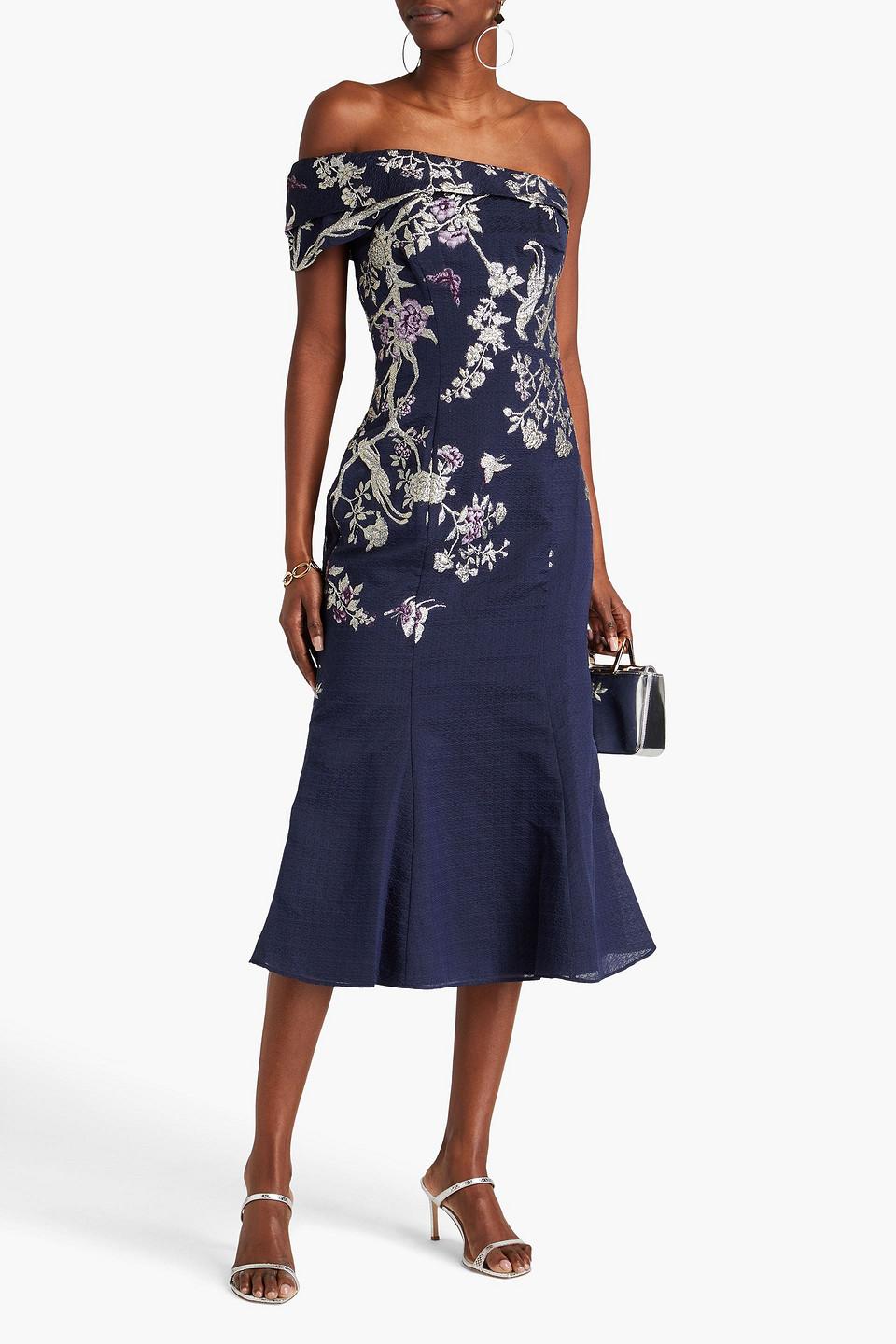 Marchesa One-shoulder Metallic Cloqu-jacquard Midi Dress in Blue | Lyst