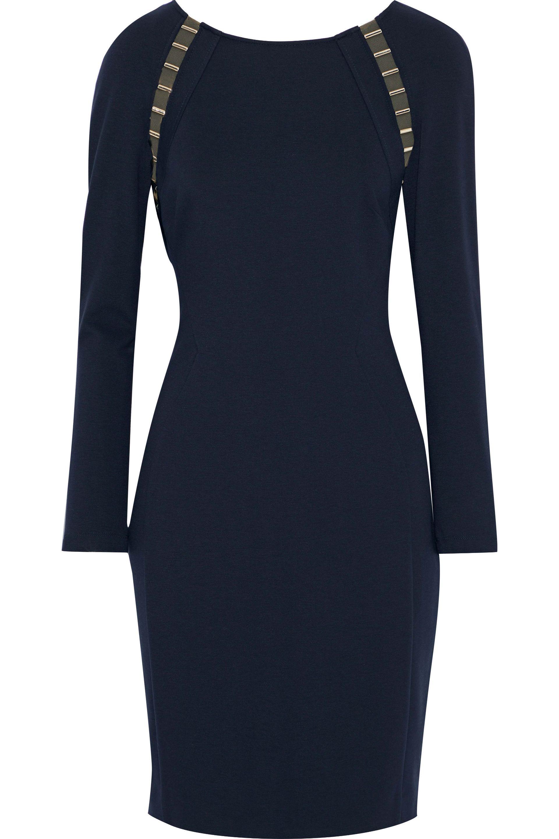 Versace Synthetic Embellished Mesh Trimmed Stretch Jersey Dress Navy In