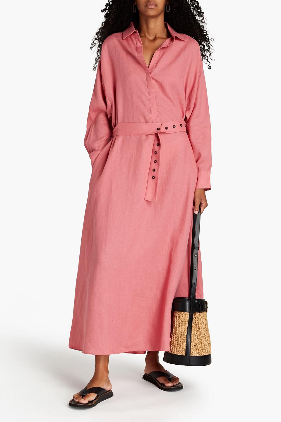 Asceno The Porto Belted Organic Linen Maxi Shirt Dress in Pink | Lyst