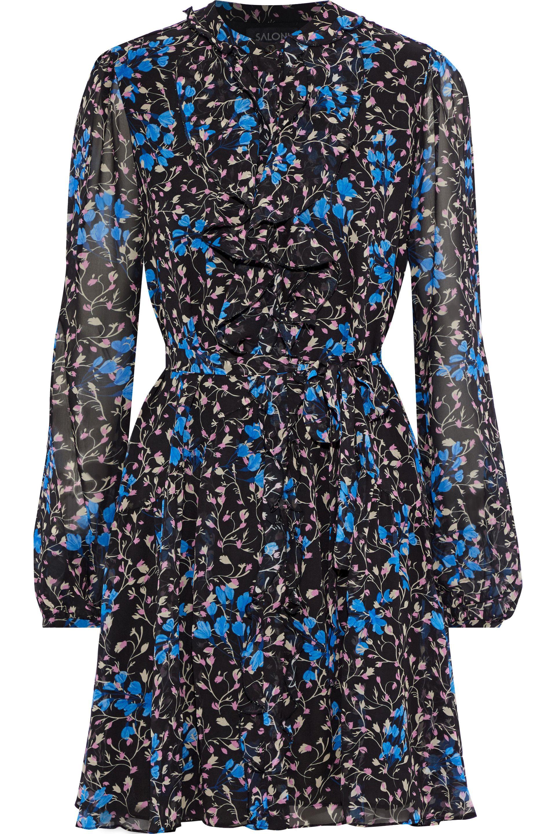 Saloni Ruffled Floral-print Silk-georgette Mini Dress Black - Lyst