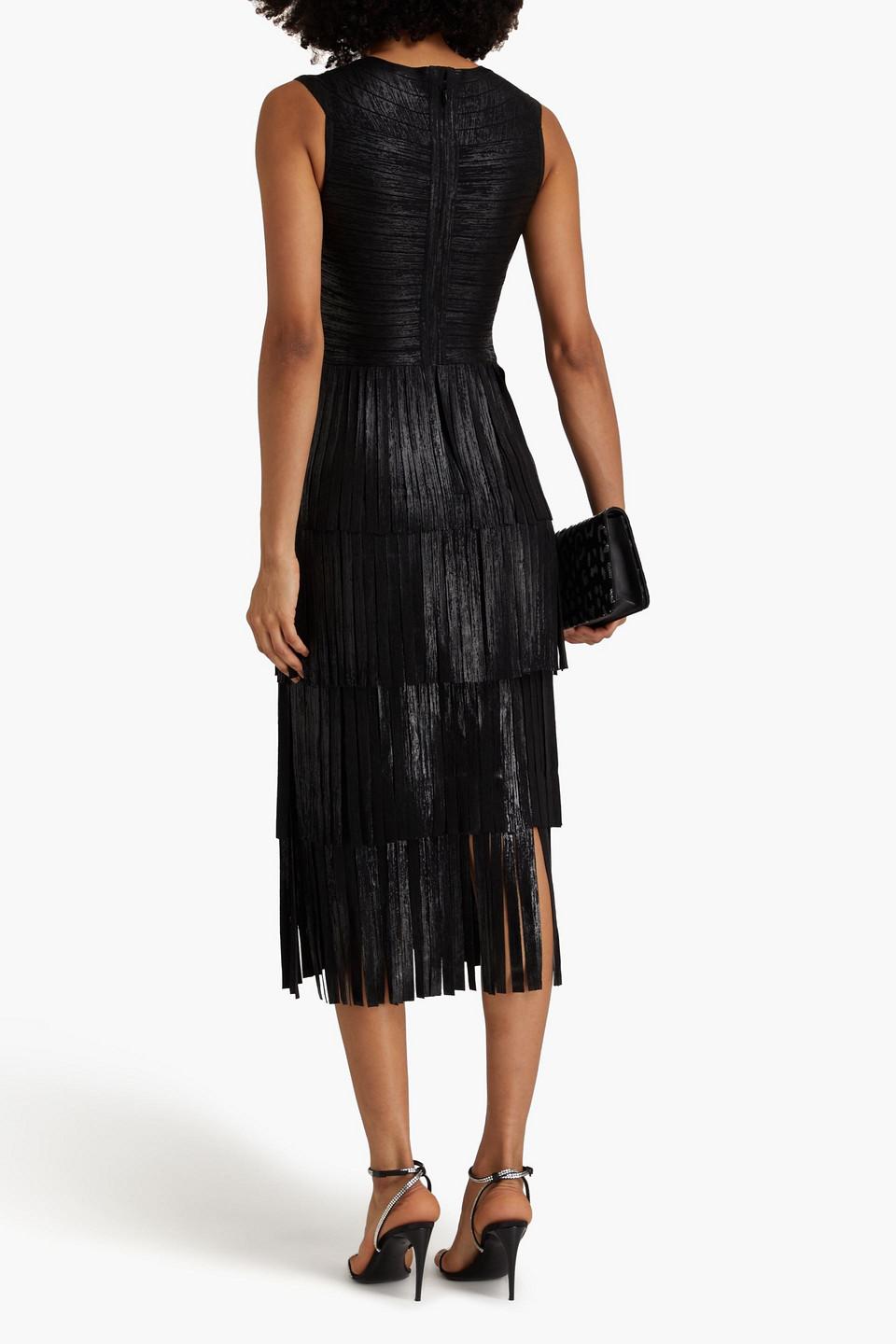 Herv Lger Fringed Bandage Midi Dress in Black | Lyst Herv Lger Fringed Bandage Midi Dress in Black | Lyst