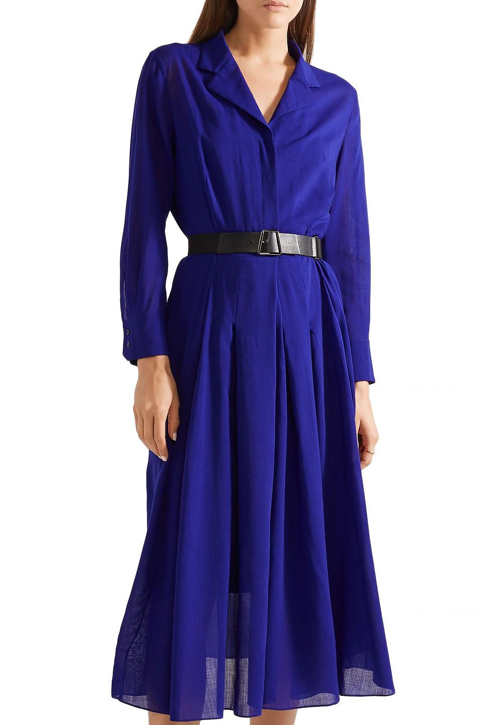 Akris Belted Wool-voile Midi Dress in Blue - Lyst