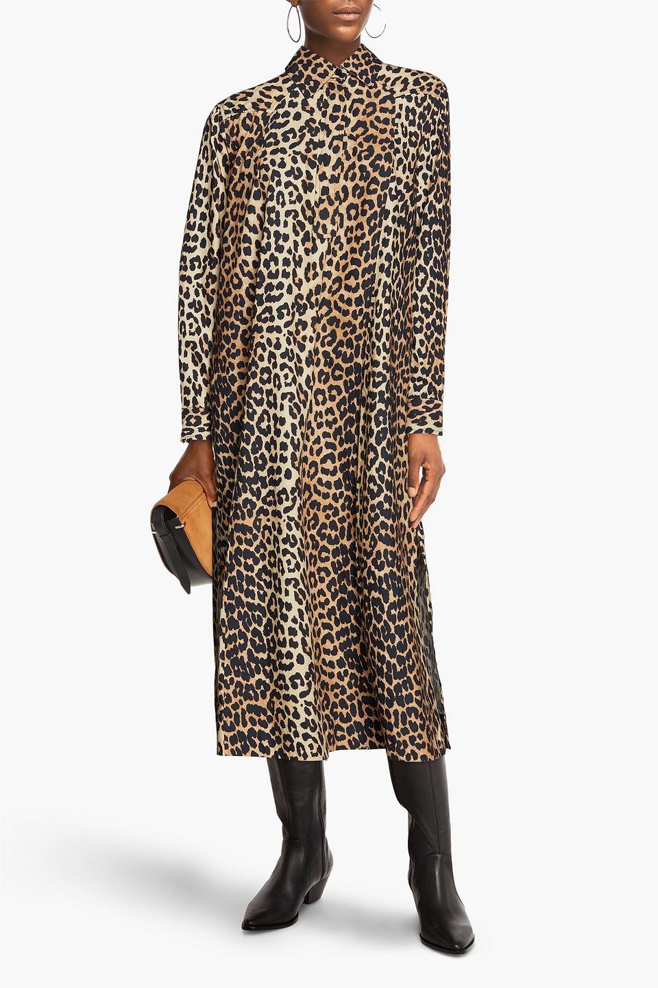 Ganni Leopard-print Cotton-poplin Midi Dress | Lyst