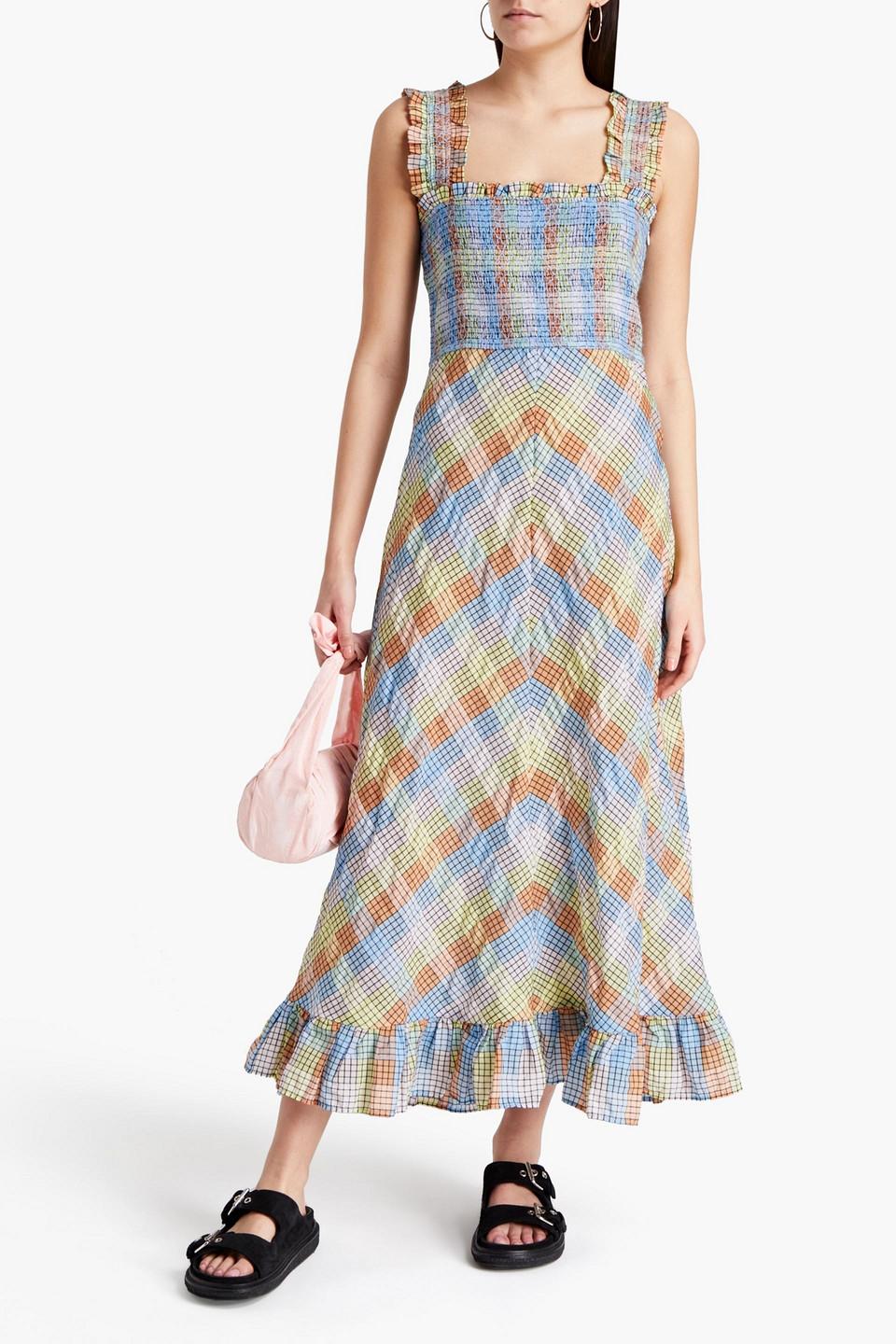 Shirred Checked Cotton-blend Seersucker Dress in Lyst