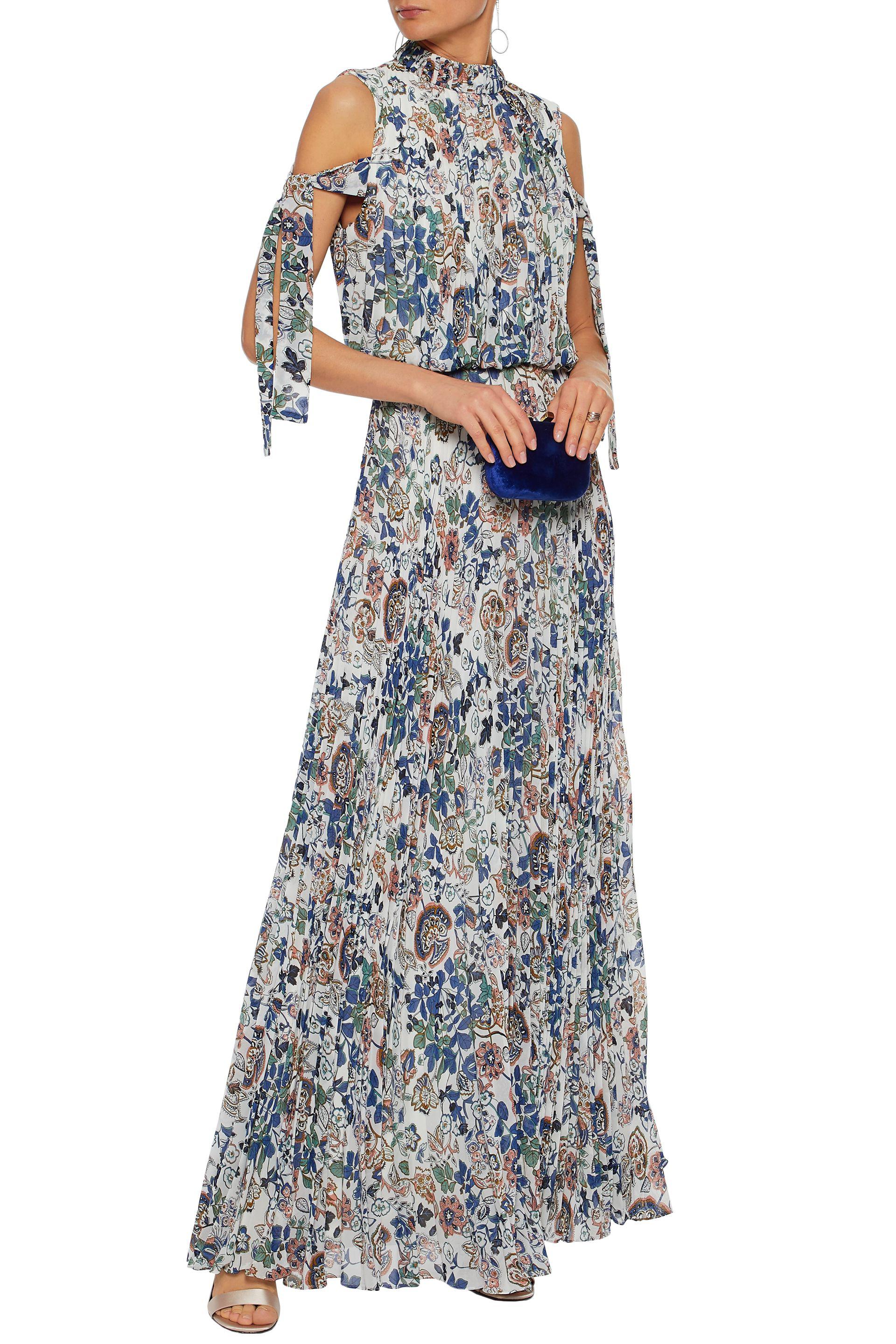 Mikael Aghal Cold-shoulder Pleated Floral-print Crepe De Chine Maxi ...