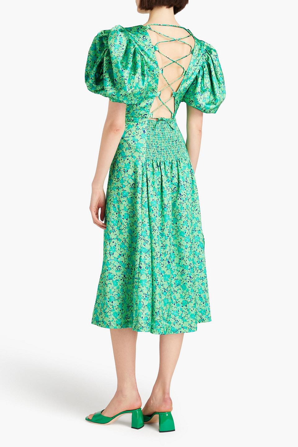 ROTATE BIRGER CHRISTENSEN Floral-Print Satin Midi-Dress in Green | Lyst