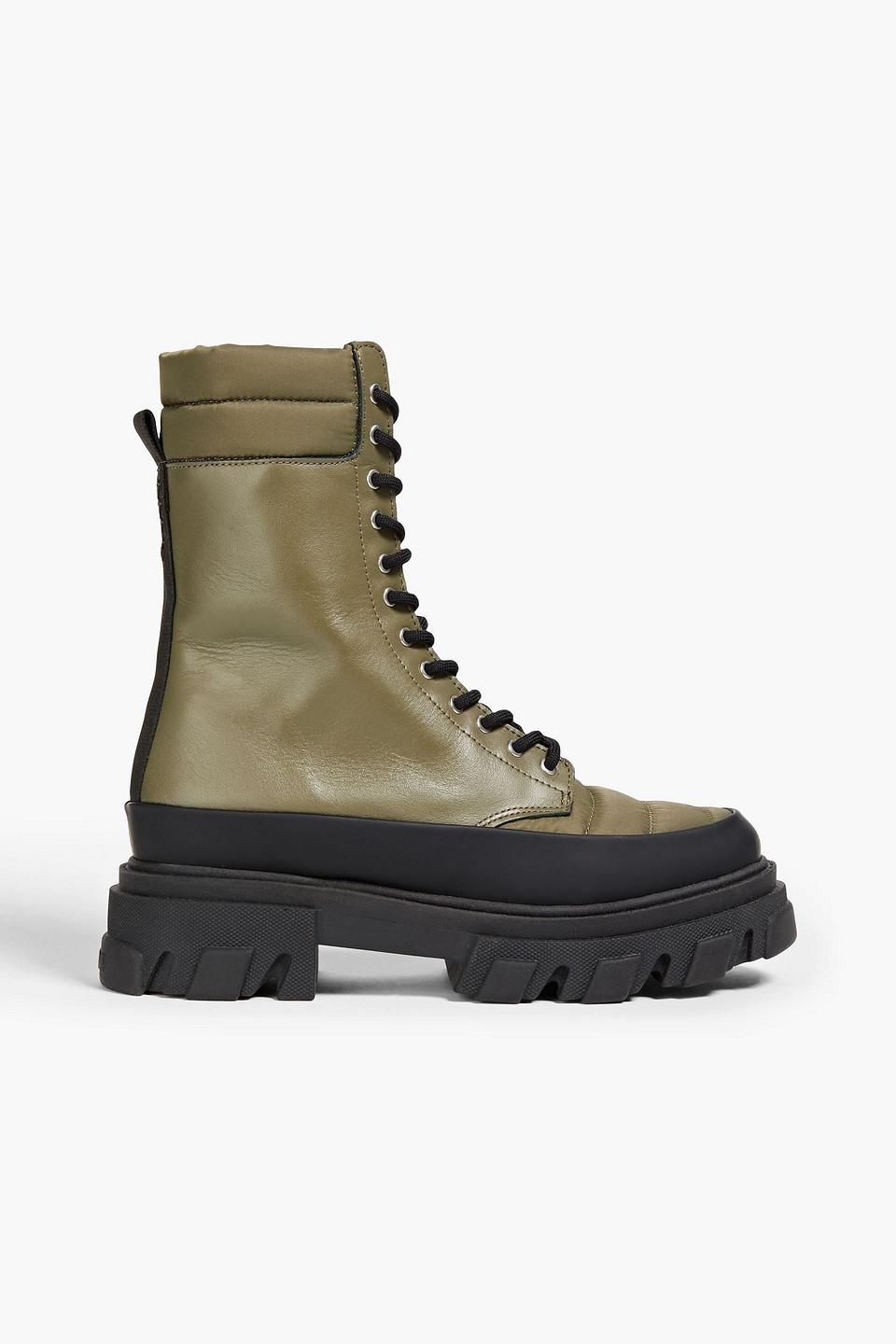 Ganni Quilted Shell-paneled Leather Combat Boots in Green | Lyst