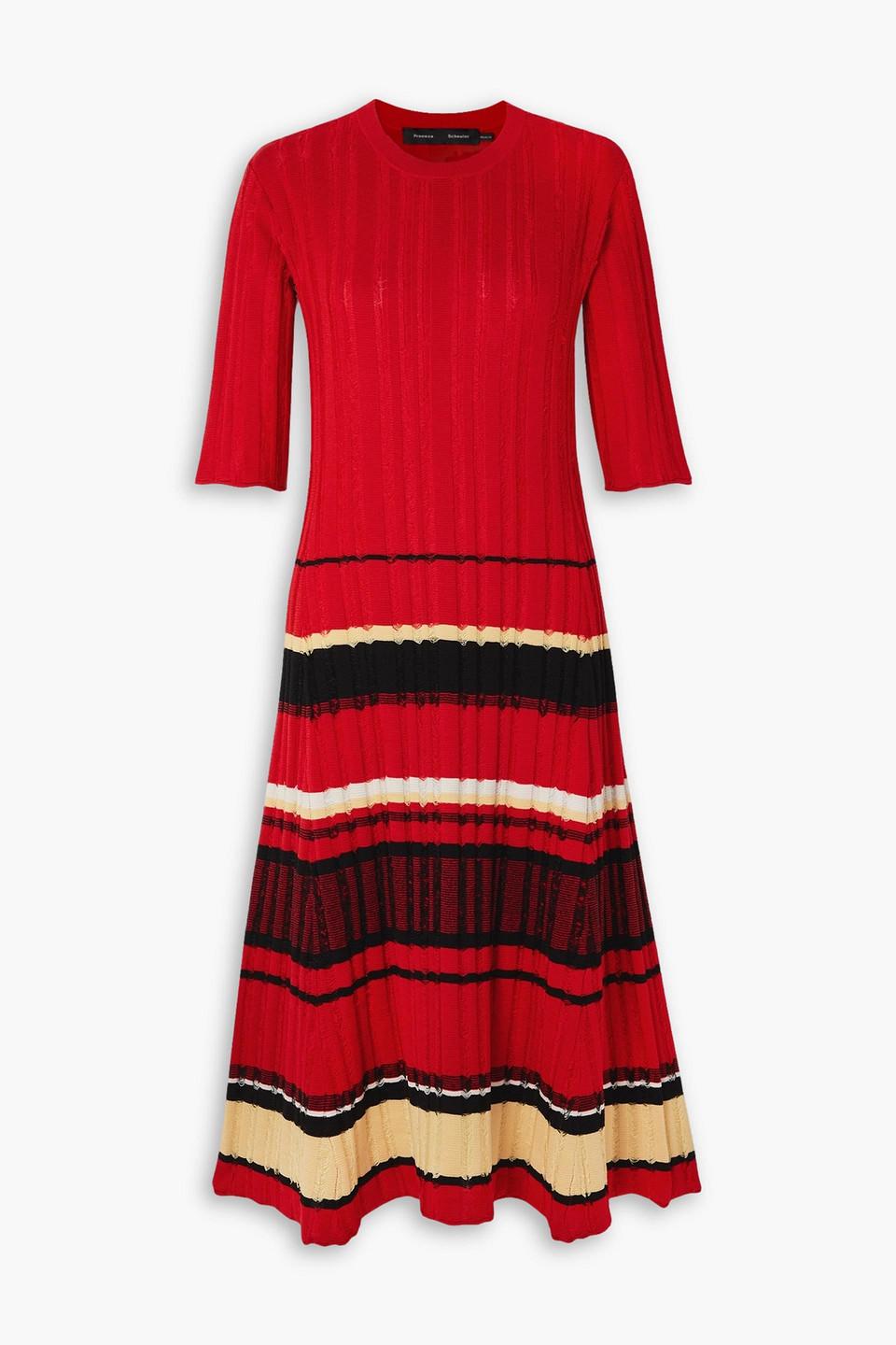 Proenza Schouler Striped Ribbed Cotton blend Midi Dress in Red