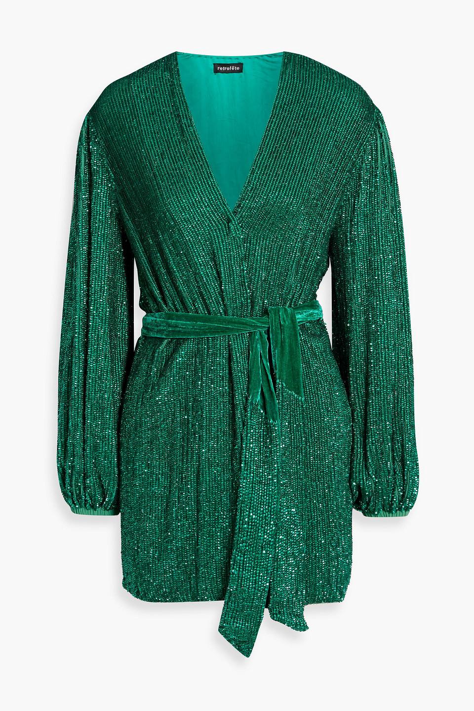 retrofte Gabrielle Sequined Chiffon Mini Wrap Dress in Green | Lyst