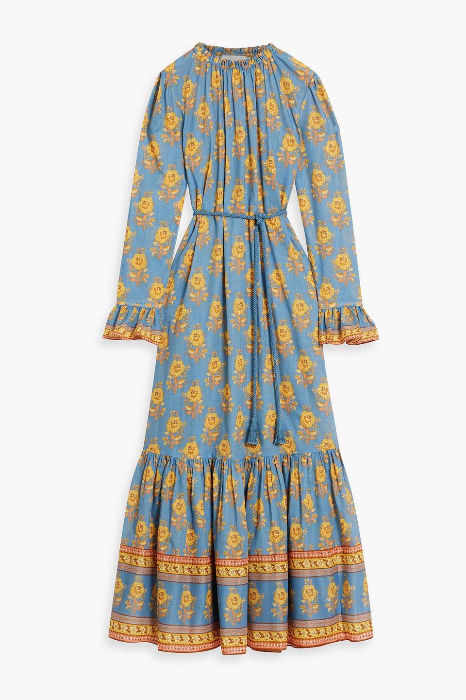 Zimmermann Belted Ruffled Floral-print Cotton-voile Maxi Dress in Blue |  Lyst