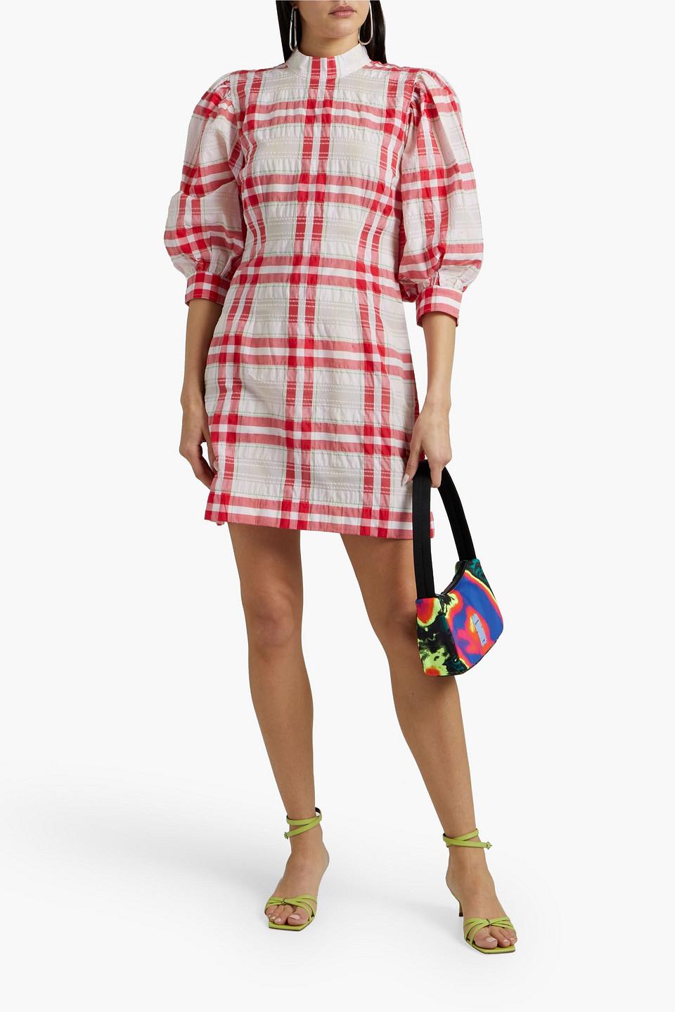 Ganni Checked Cotton-blend Mini Dress in Pink | Lyst