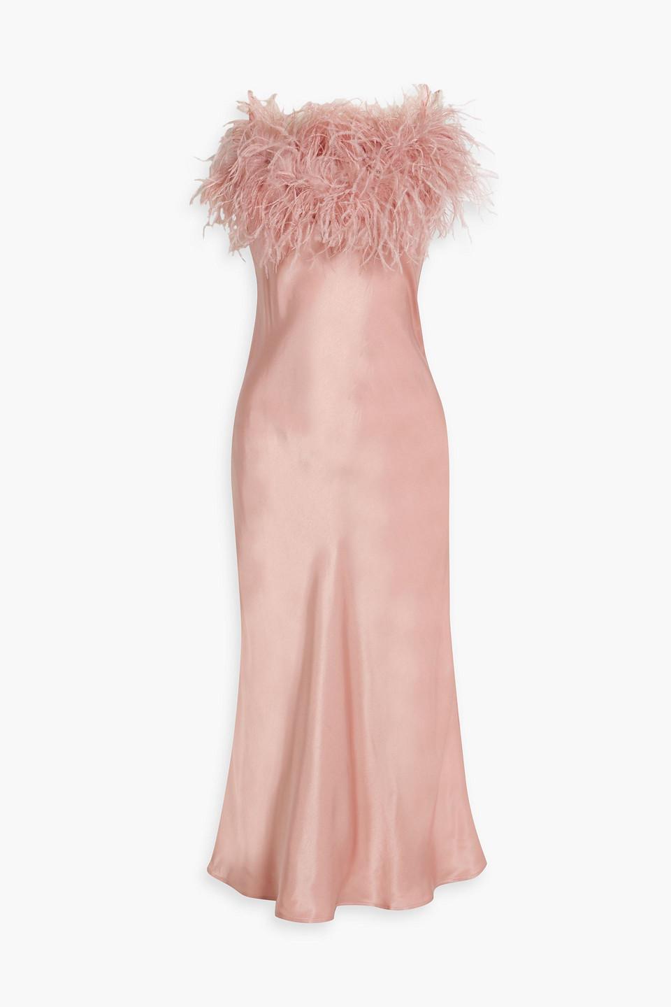 Sleeper Boheme Feather-trimmed Satin Midi Slip Dress in Pink | Lyst UK