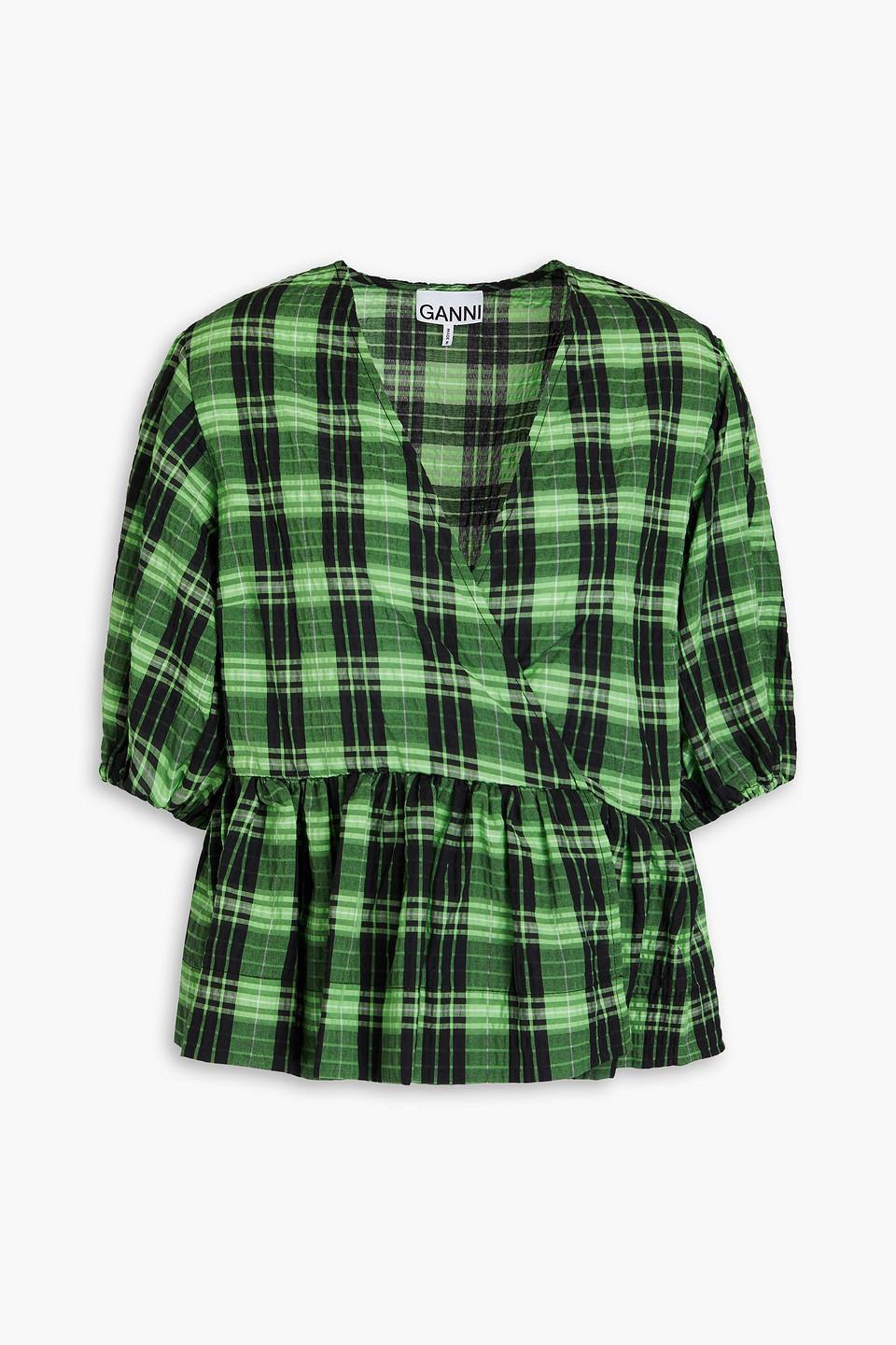 Ganni Checked seersucker blouse in Grün Lyst DE
