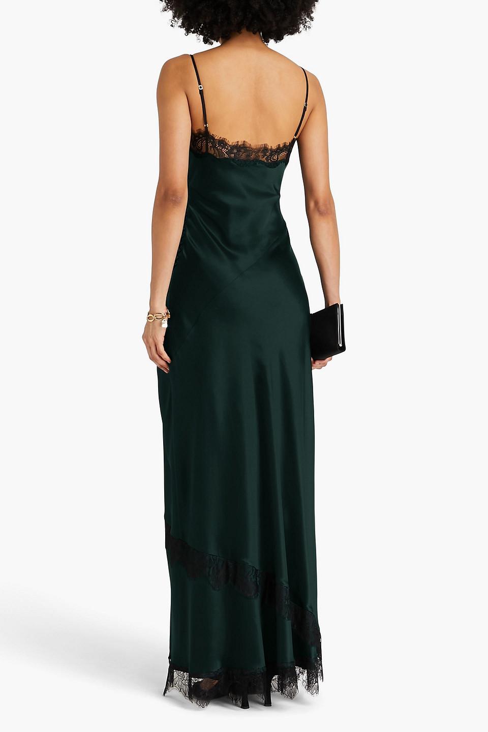 Nicholas Sage Lace-trimmed Satin Maxi Slip Dress in Green | Lyst