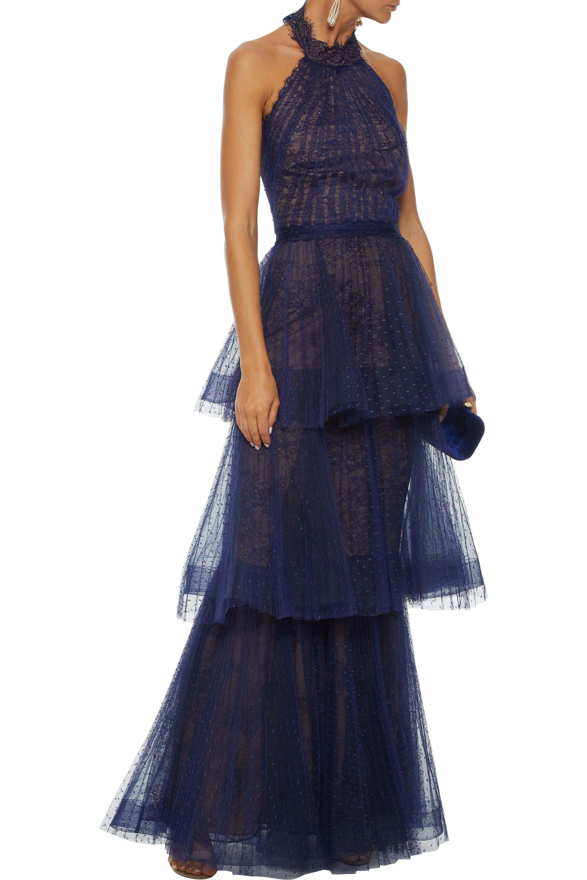 marchesa notte navy floral tiered gown