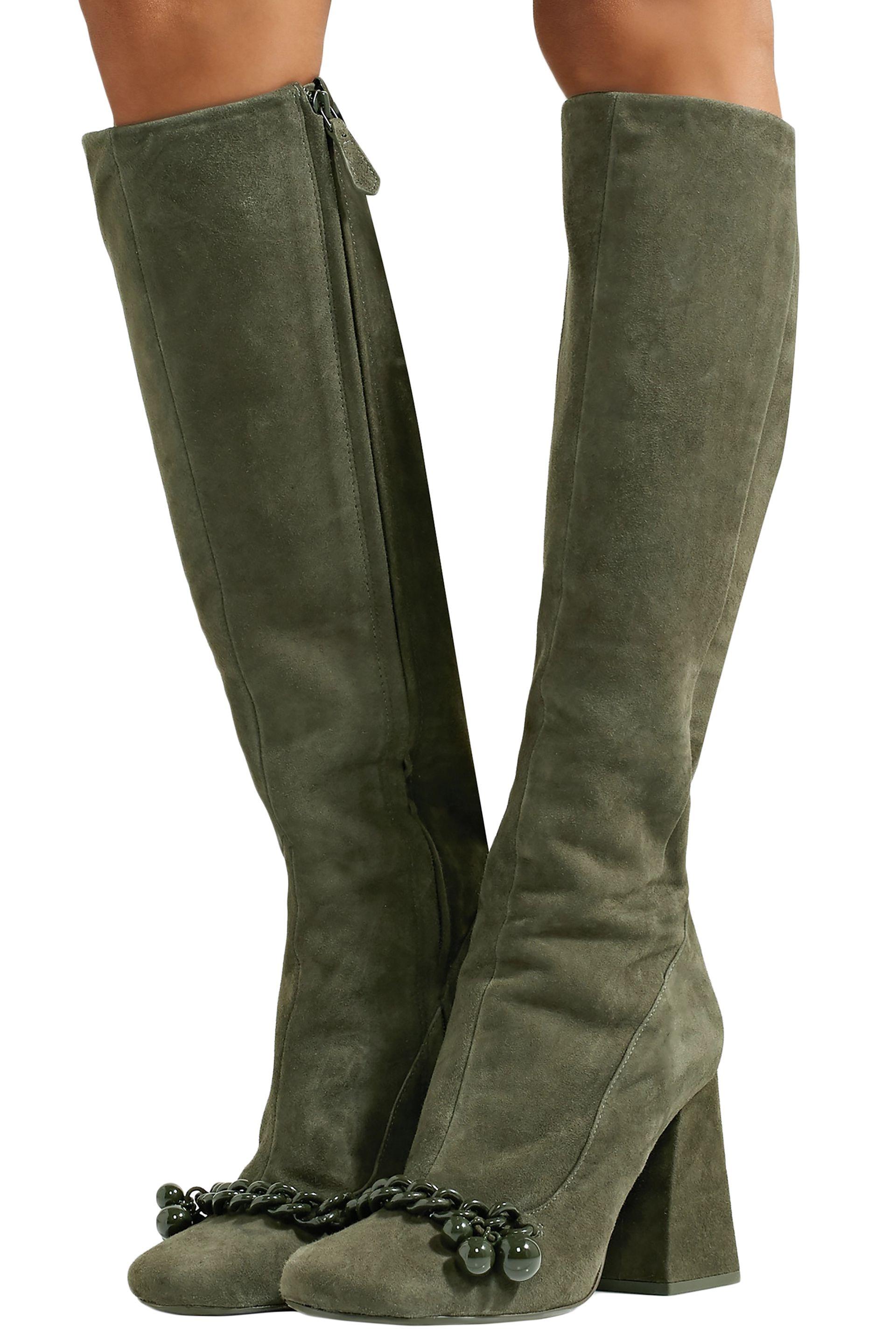 Tory Burch Addison Chain-embellished Suede Knee Boots Army Green | Lyst UK