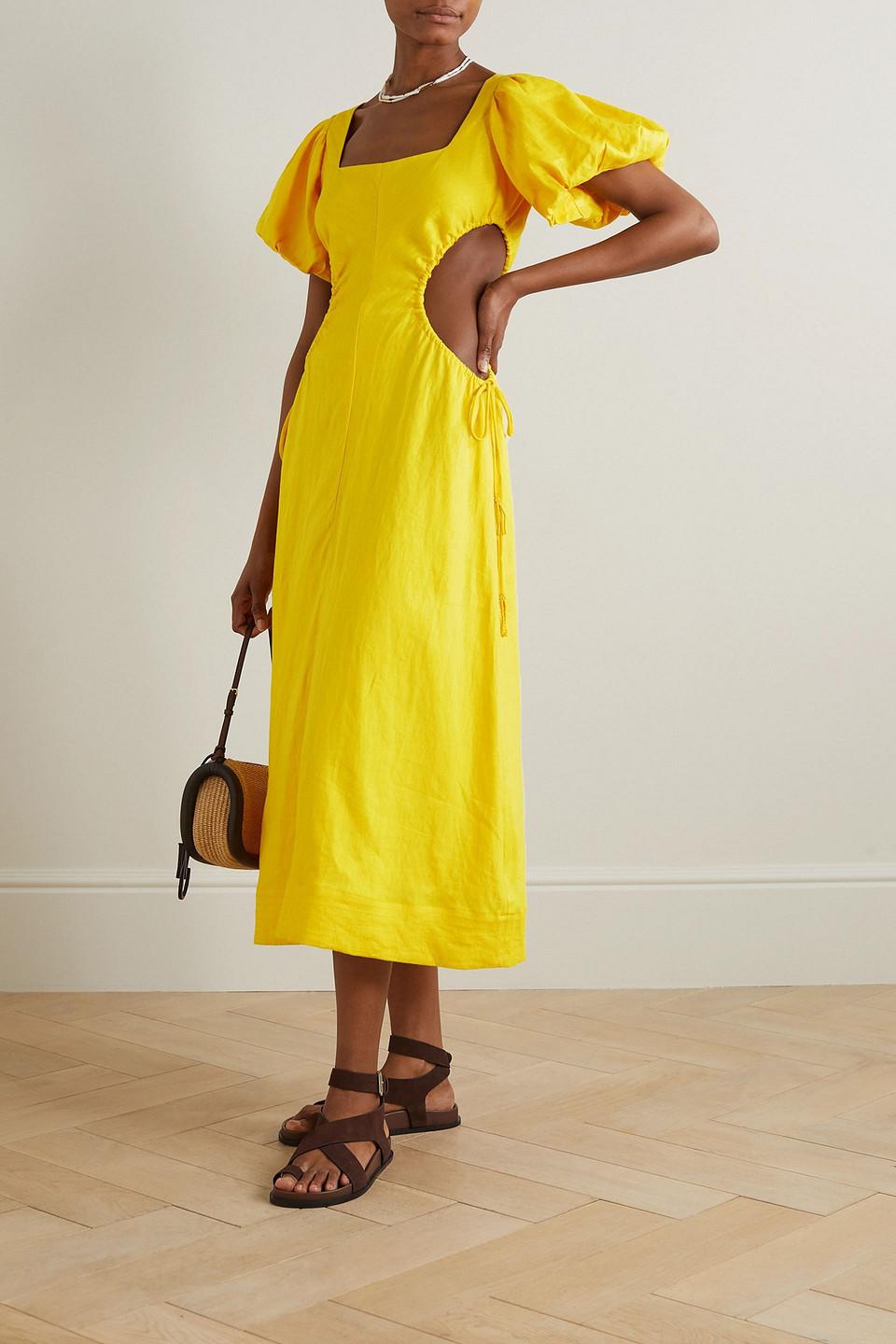FARM Rio Cutout Bead-embellished Linen Midi Dress in Yellow | Lyst