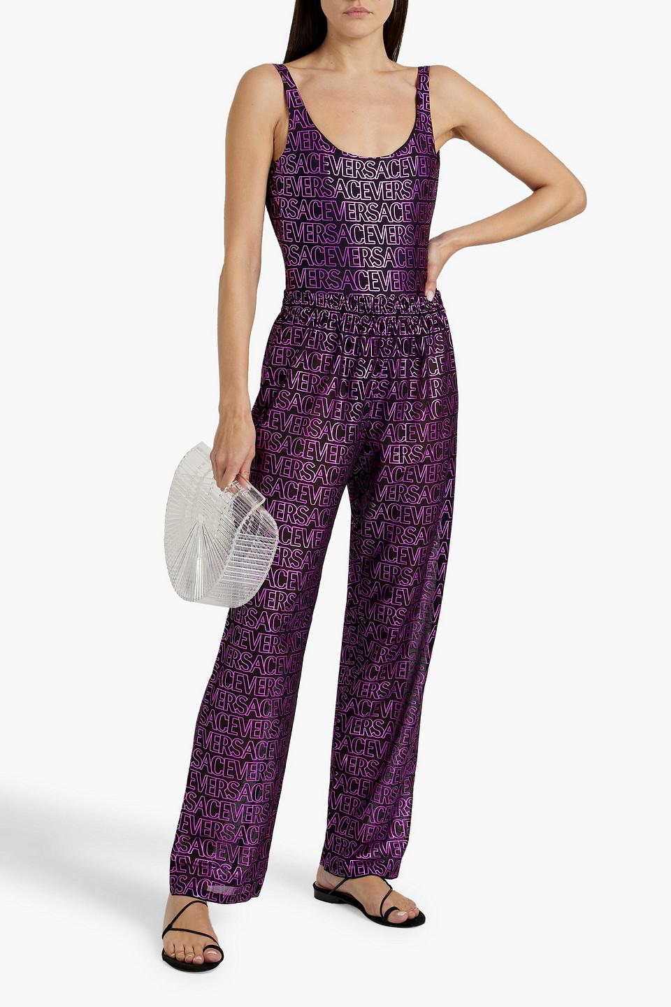 Versace Metallic Logo-print Crepe Pants in Purple | Lyst