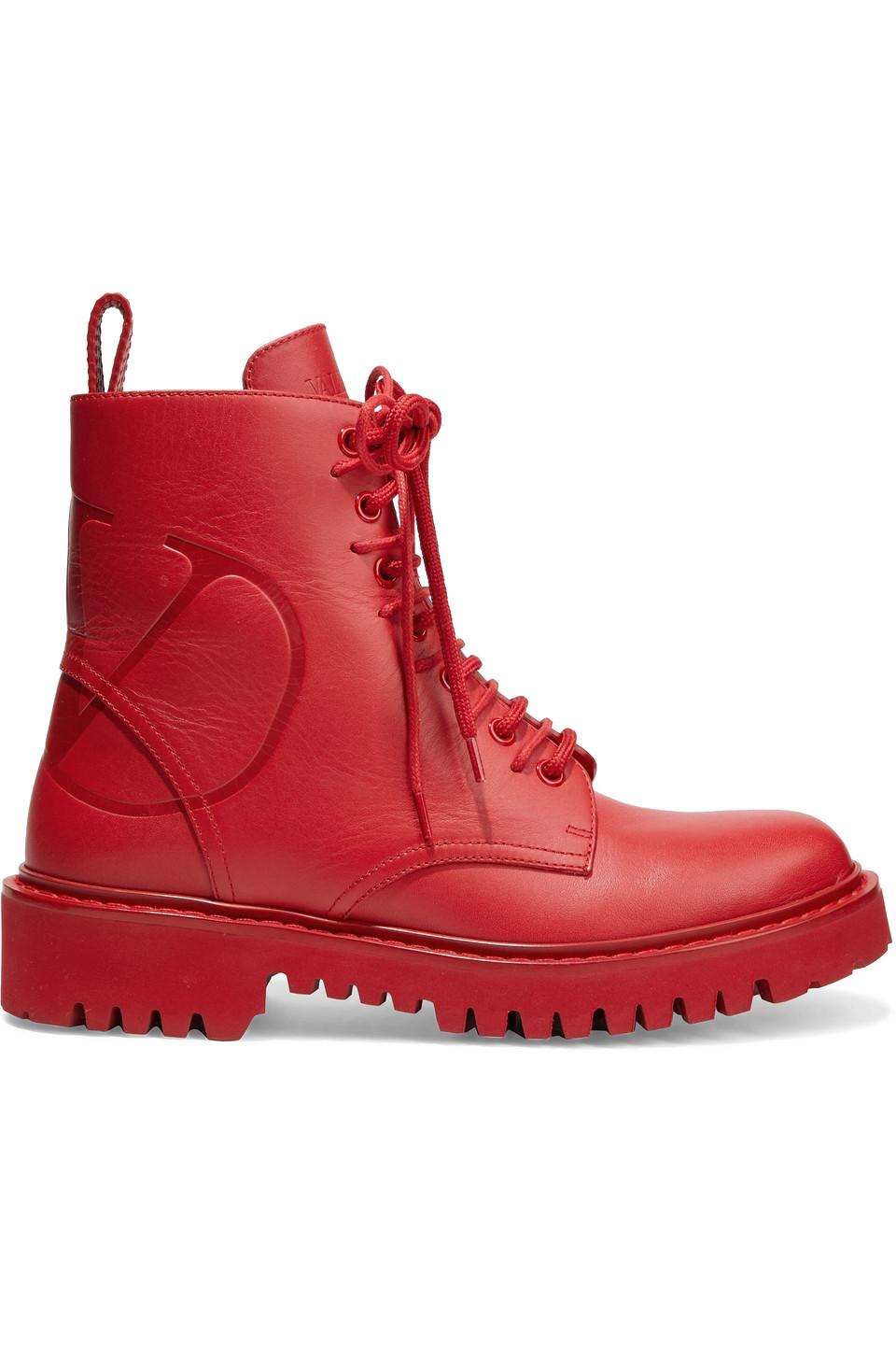 Valentino Garavani Valentino Garavani Vlogo Embossed Leather Combat Boots  in Red - Lyst