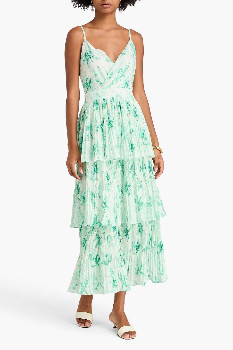 maxi dress mango Yellow Sleeveless Floral Micro Ruffle Trapeze Midi Dress