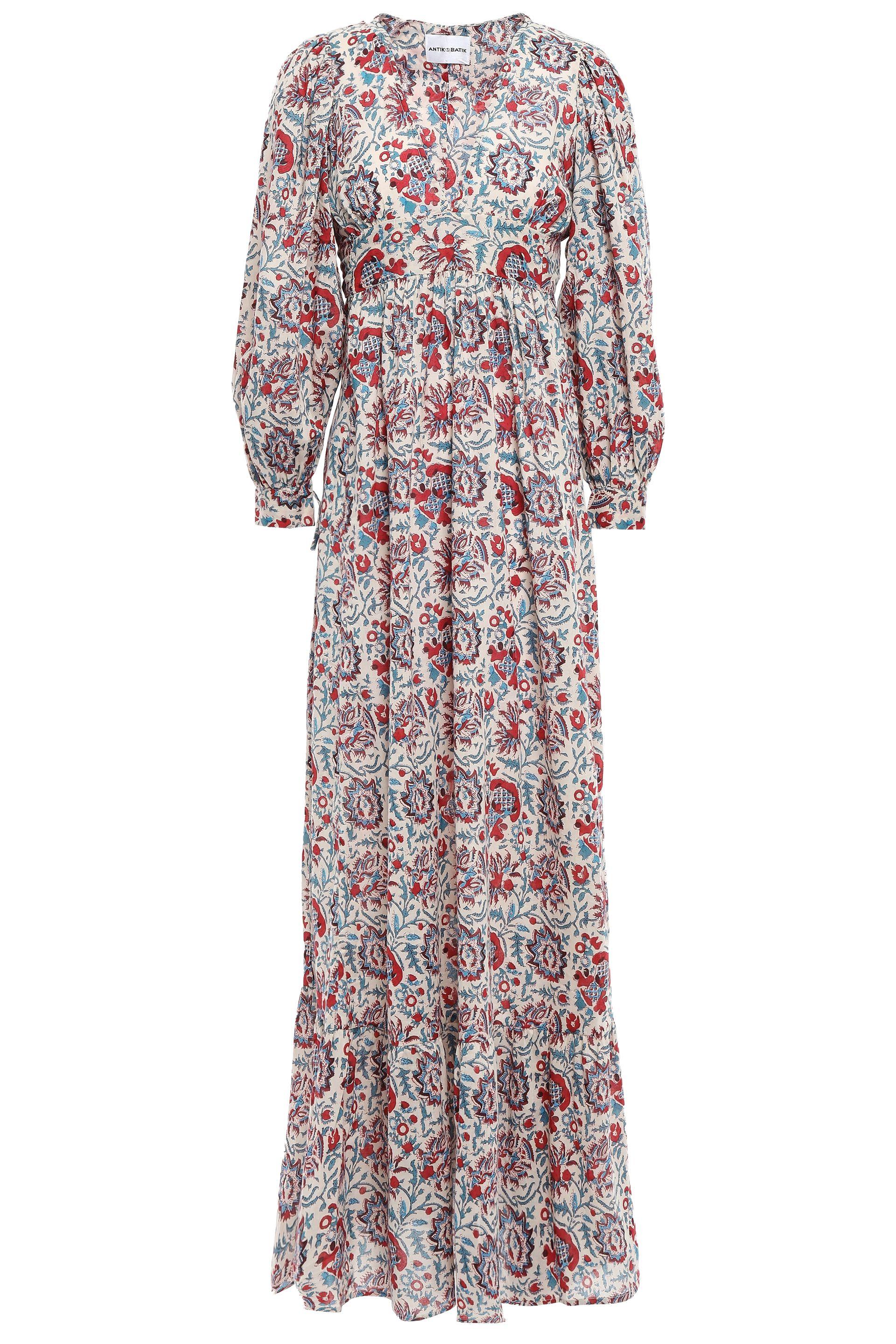 Antik Batik Betsie Gathered Printed Cotton Maxi Dress Cream - Lyst