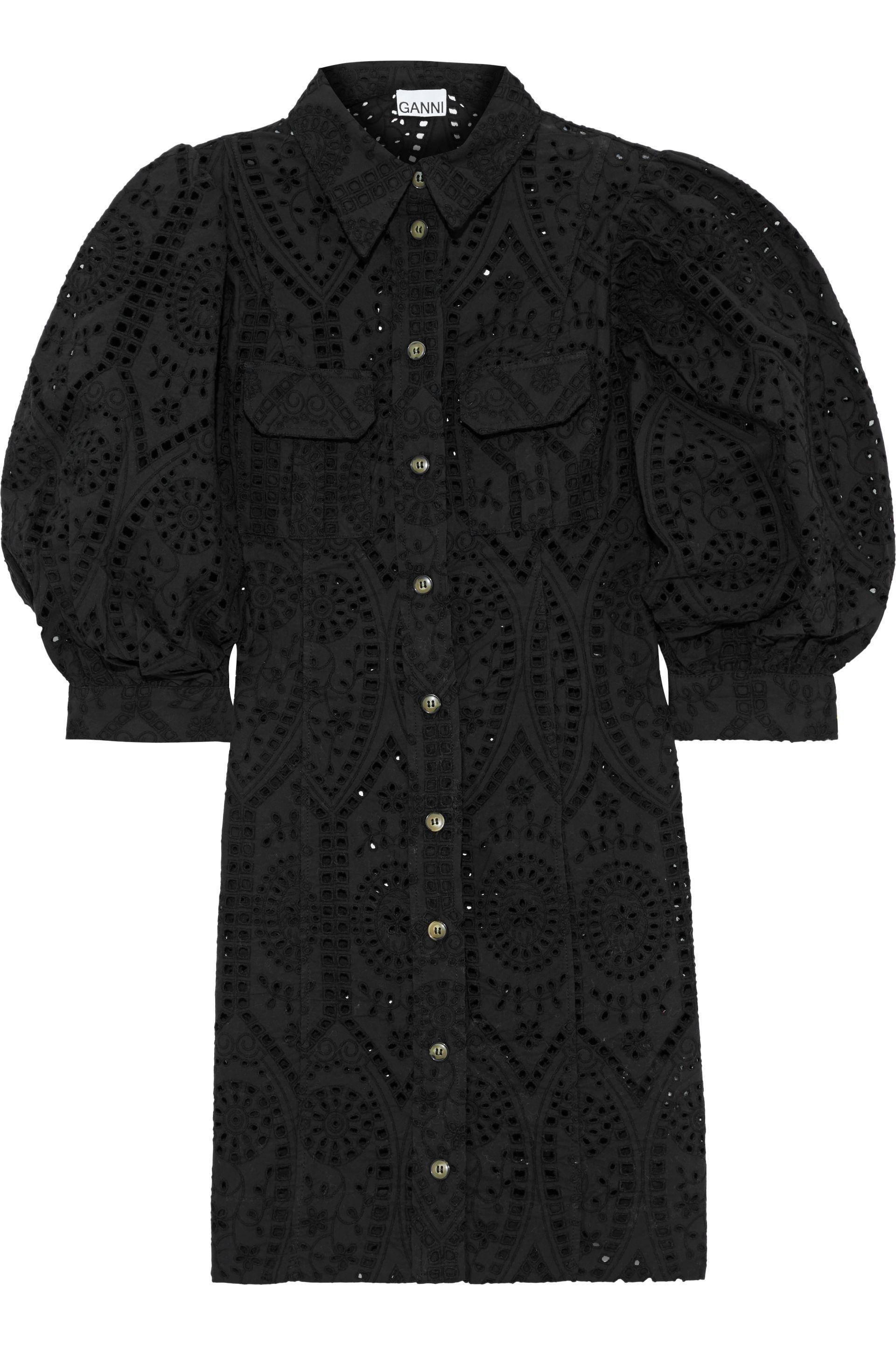 Ganni Broderie Anglaise Cotton Mini Shirt Dress Black - Lyst